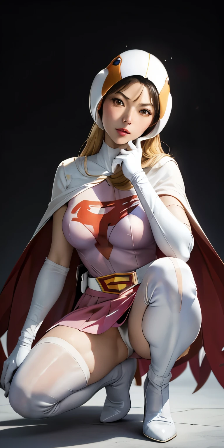 raw photo,realistic,beautiful woman、Hands behind the head、Jun、Japanese、squatting down、spread legs、show white panties,sexy、white knee high boots、straight,sexyPause,looking at the viewer,break, Year_classic_Jun_Gatchaman_my wife,www.my wife.and, long hair,beautifulface、素face、face面見えている、SHIELDThere is no、ミニ超ミニskirt、white panties、raw photo,realistic,beautiful woman、Jun、straight,Pause,looking at the viewer,break,
Year_classic_Jun_Gatchaman_my wife,www.my wife.and,
long hair,chest,green eyes,lips,medium chest,blonde hair,lipstick,compensate,
gloves,cape,Helmet,belt,elbow gloves,white gloves,mask,skirt,leotard,Spacesuit,white legwear,pink dress,superhero,body suit,
official art,Highly detailed CG Unity 8K wallpaper, perfect lighting,colorful, bright_front_face_lit,shiny skin, (masterpiece:1.0),(Highest_quality:1.0), 超High resolution,4k,Super detailed, photo shoot, 8K, HDR, High resolution, (disorganized:1.2), kodak portrait 400, film grain, blurred background, (Bokeh:1.2), Lens flare, (lively_color:1.2),professional photos, (beautiful_face:1.5),