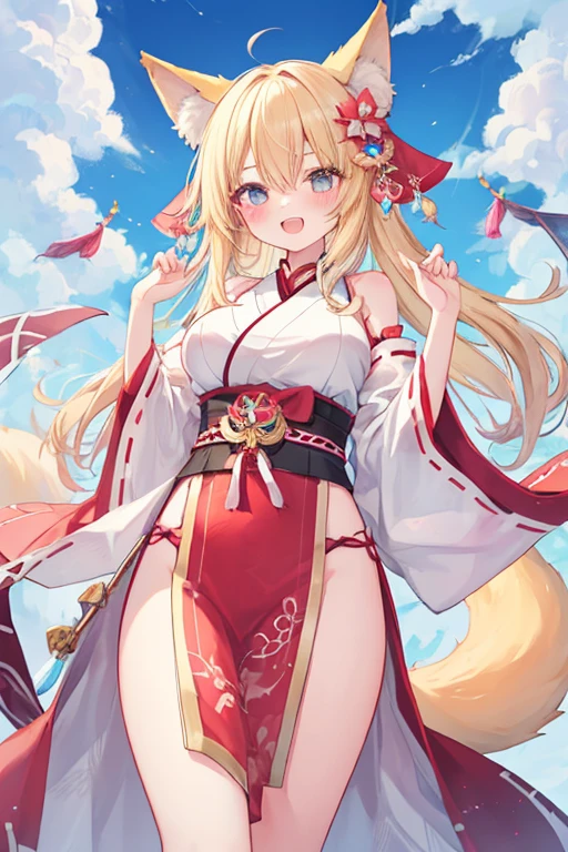 beautiful illustrations, highest quality, pretty girl,beautiful girl、clear face、 half girl、pastel colour 、blush、thighs、perfect hands、five fingers、fantasy、fantasy、fox ears、fox tail、blonde、tooth、Miko costume、big breasts