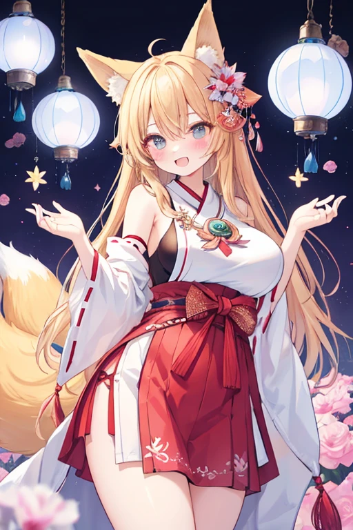 beautiful illustrations, highest quality, pretty girl,beautiful girl、clear face、 half girl、pastel colour 、blush、thighs、perfect hands、five fingers、fantasy、fantasy、fox ears、fox tail、blonde、tooth、Miko costume、big breasts