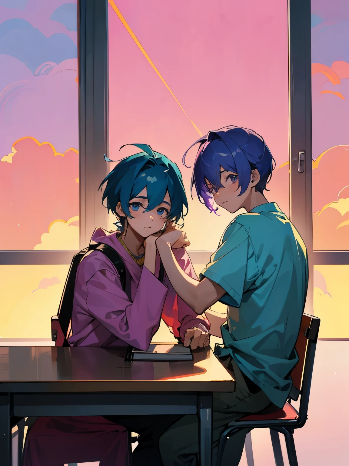 cartoon of two boys sitting at a table with a book and a backpack, ddlc, in the art style of 8 0 s anime, 9 0 s anime style, 90s anime style, in anime style, in an anime style, anime aesthetic, anime vibes, 9 0 s anime aesthetic, 9 0 s anime art style, lofi boy, typical anime classroom, beautiful background window, two cute boys, beautiful faces, two boys, don't extra hands, NO extra hands, generate two boys with NO extra hands, NO extra arm