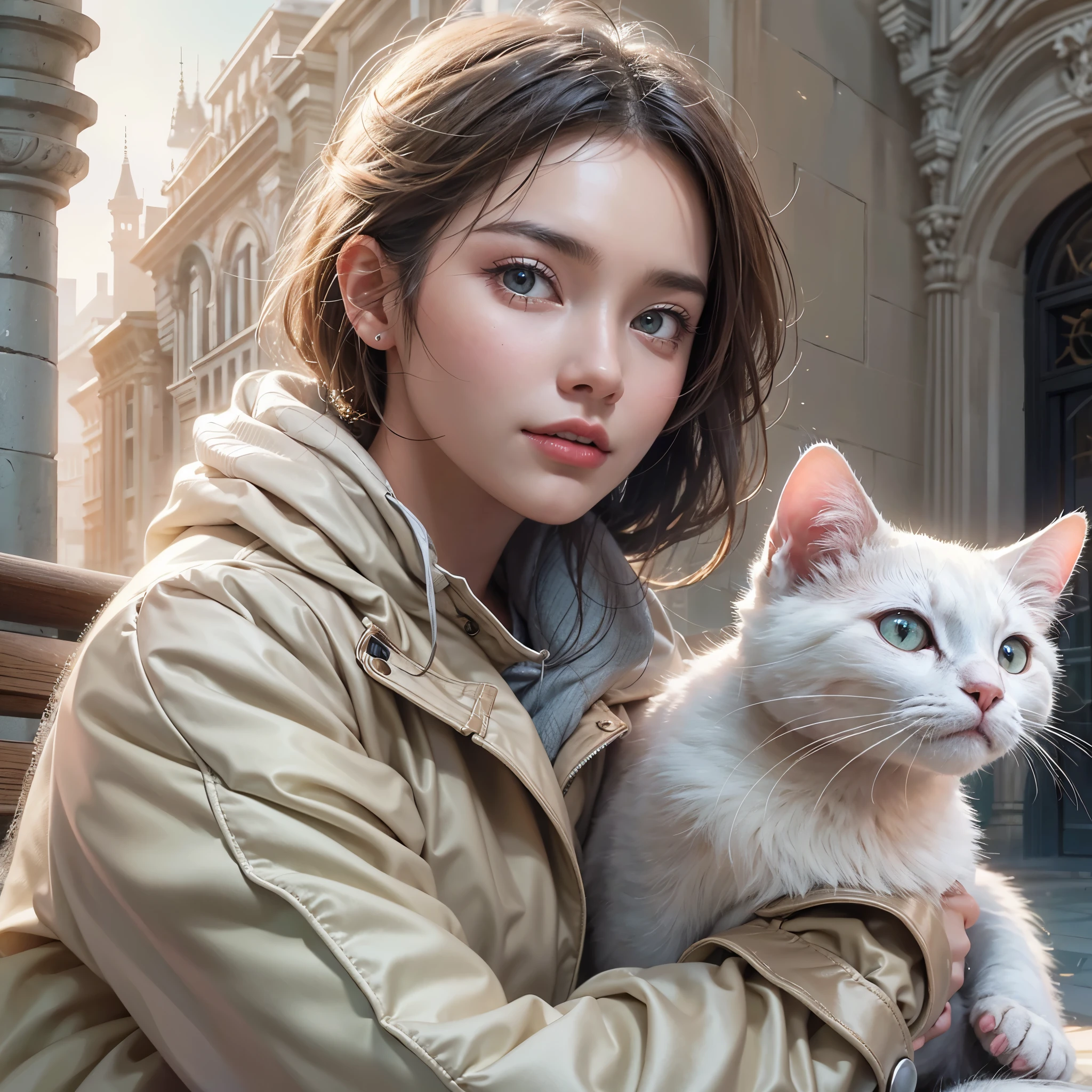 (highest quality like a photograph),live-action,(A beautiful woman is sitting with a cat beside her),(a very detailed White cat),High quality,8k,(high-quality like a photograph),masterpiece:1.3,(a beautiful girl), (very elegant and futuristic sporty fashion),(Gentle smile),(a stylish park),(urban landscape),((There are five fingers on each hand)),pedestrians are visible,sitting on a bench,pink