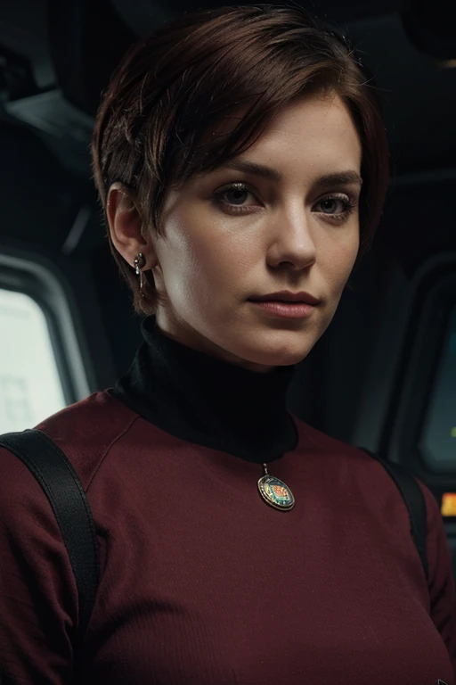 a 30 years old space pirate with short hair, a full-length portrait in the control room of a spaceship, an Irish Terran aristocrat in a fantastic entourage. earring in the form of a psi corps badge. casual clothes (realistic style), short hair, red hair, undercut, serious, Neoclassicism, Verism, drop shadow, high quality