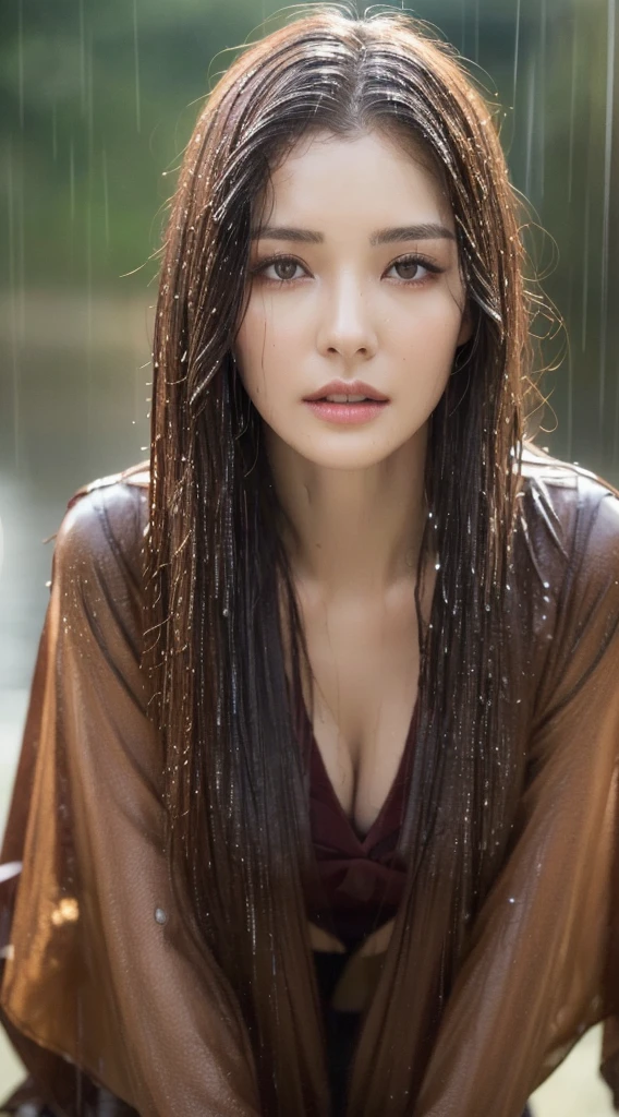 (best quality, 4k, Masterpiece :1.3), beautiful woman, 1 girl, (chest, attractive body :1.2), abdomen :1.1, dark brown hair: 1.1, (wet rain, Wet from the rain, Wet :1.2), Highly detailed face, detailed lips, Detailed eyes, Double eyelids, Cowboy Shot, squat,