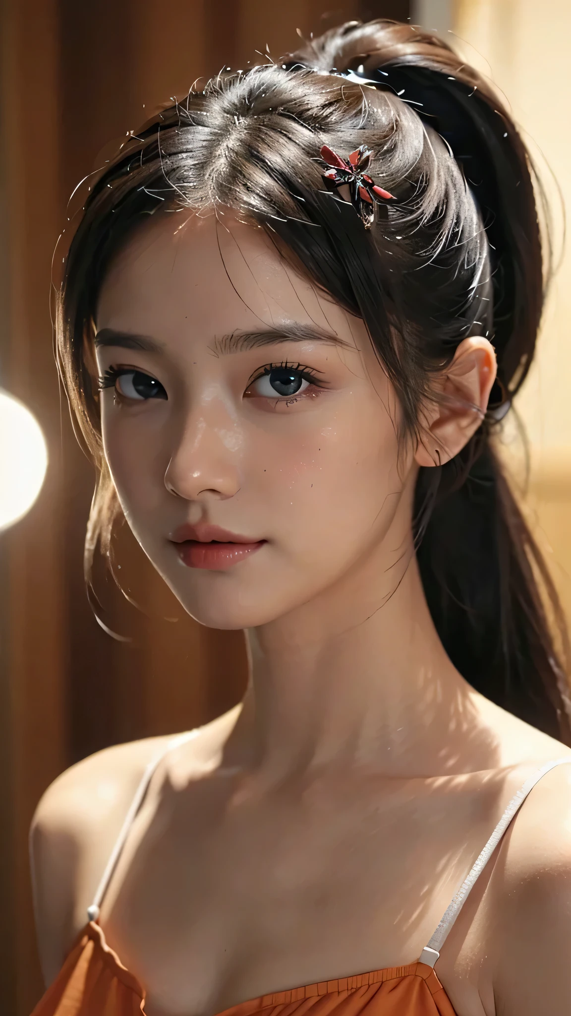 One woman,fully body photo,masutepiece, The highest image quality, High quality, the background is clear,Beautiful woman, Japanese, Detailed, Detailed eyes, Detailed skin, Beautiful skin, 超hight resolution, (reality: 1.4),Very beautiful woman, Slightly younger face, Beautiful skin, slender, (Ultra photo realsisim), (hight resolution), (8K), (Very detailed) (beautifully detailed eyes), (super detailed), (Detailed face), view the viewer, Fine details, Detailed face, Staring straight ahead, Staring straight ahead, photos realistic, Bright lighting, Professional Lighting, Black hair,poneyTail,a baby face,sixteen years old,Hairstyle is ponytail,long ponytail hairstyle,slight smile,Orange colored long dress with lots of ruffles, softly shaped skirt,Spotlight on stage,close-up of face,