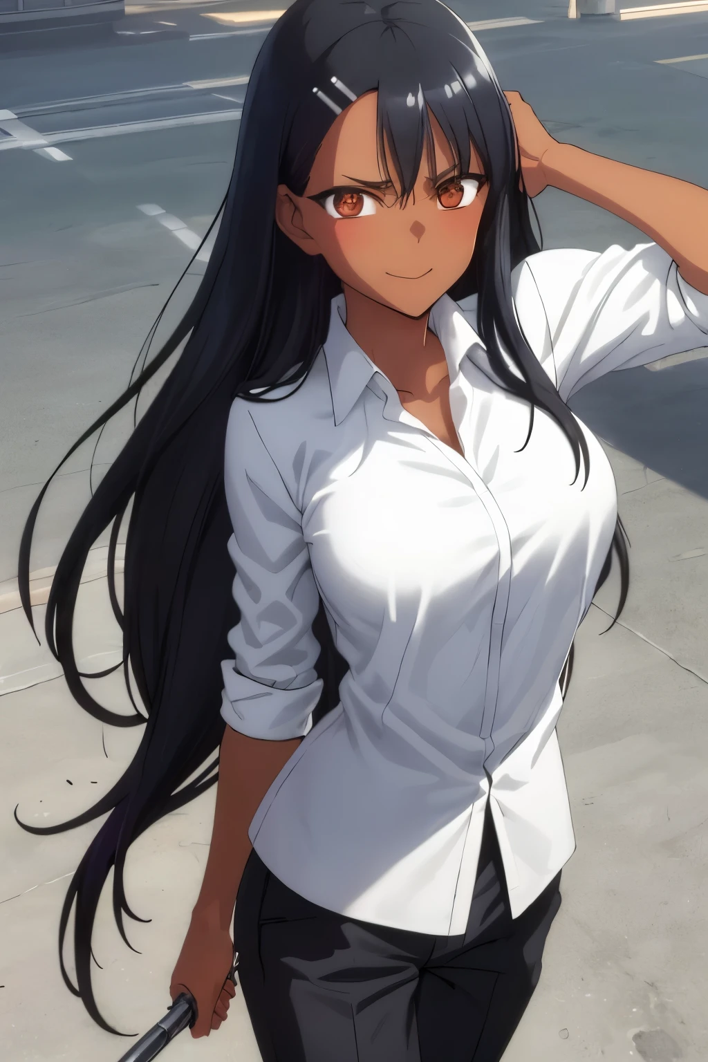 Nagatoro Hayase, obra maestra, retrato, arte oficial, 1girl,  cabello ?????, brown eyes, brown skin, feliz, Apoyado en un puente, parque, trees,(((only swimsuit turtleneck))) ,(((swimsuit only ))),((sin mangas)),pool,