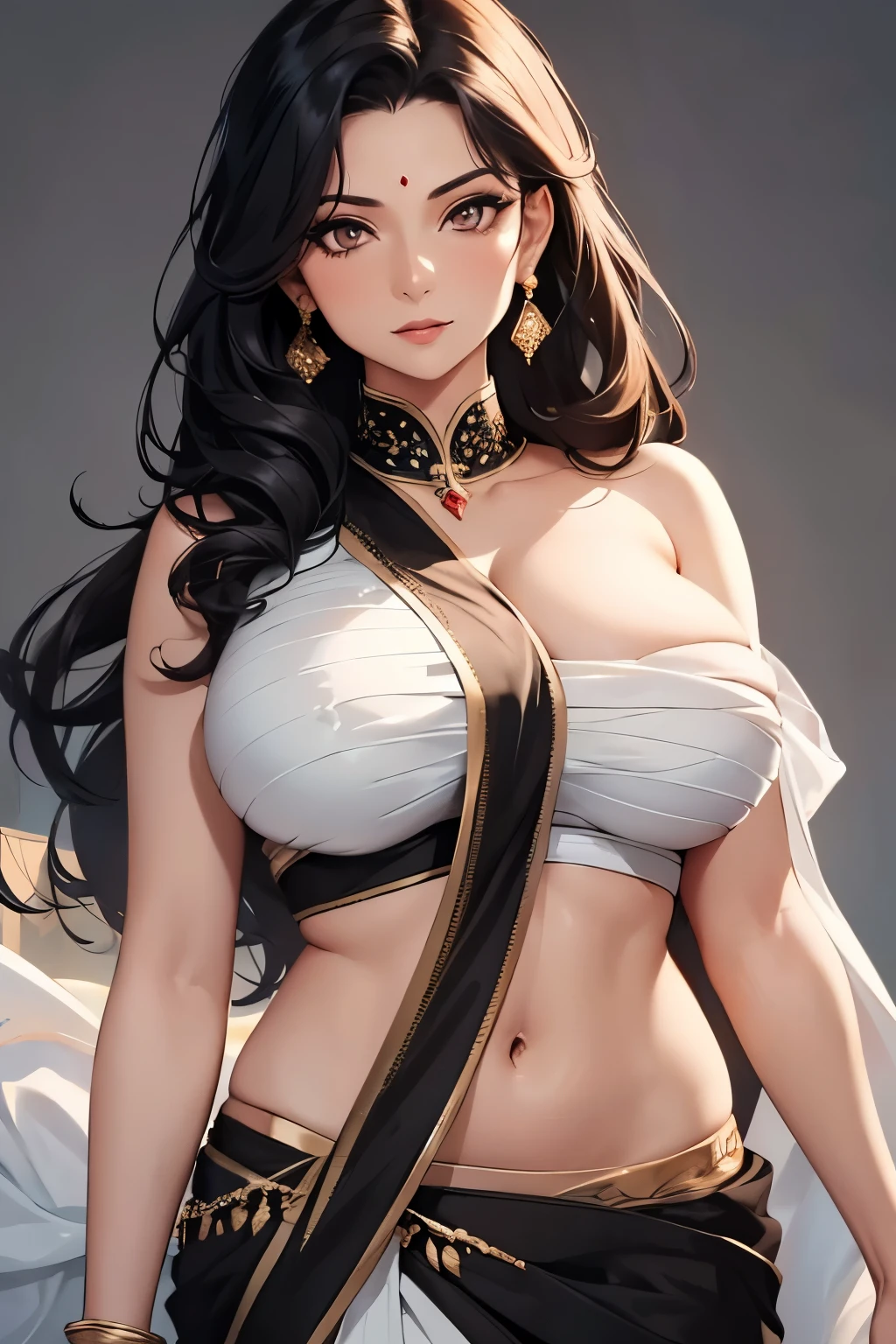 (masterpiece, best quality, detailed illustration, high resolution), ((1girl, solo)), ((huge breasts, large breasts, slim waist, long legs, fit body, toned body)), ((full body, closeup view)), ((standing)), ((looking at the viewer, facing the viewer)), white background, ((fair skin)), oiled skin, ((large breasts, mature woman, mature female, mature lady)), (detailed eyes, good eyes, better eyes), ((standing)), (black hair), ((white saree)), (massive breasts), (long hair), ((milf)), (brown eyes), 