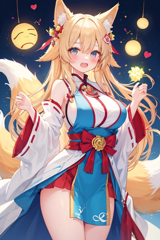 1 girl, long golden hair, fox ears, only fox ears, blue eyes, extremly detailed eyes, extremly detailed, blushing, (face perfect:1.1), (high detal:1.1), top-quality, huge breasts, sexy and seductive, wearing blue and white erotic kimono, tall women, long flufy nine fox tails, multiple tails, thicc thighs, wide hips, smile, horny, absurdes, high res, ultra sharp, 8k, masterpiece, looking at viewer