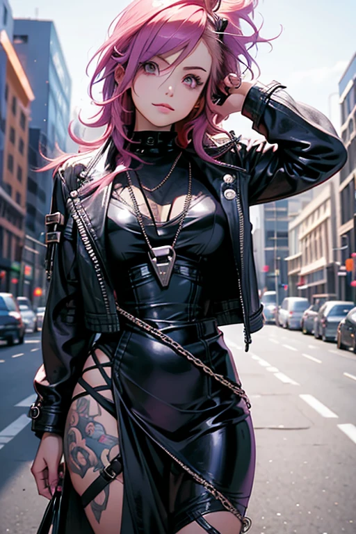 A pink haired woman with violet eyes with an hourglass figure in a cool leather jacket and gothic dress is posing on a busy street