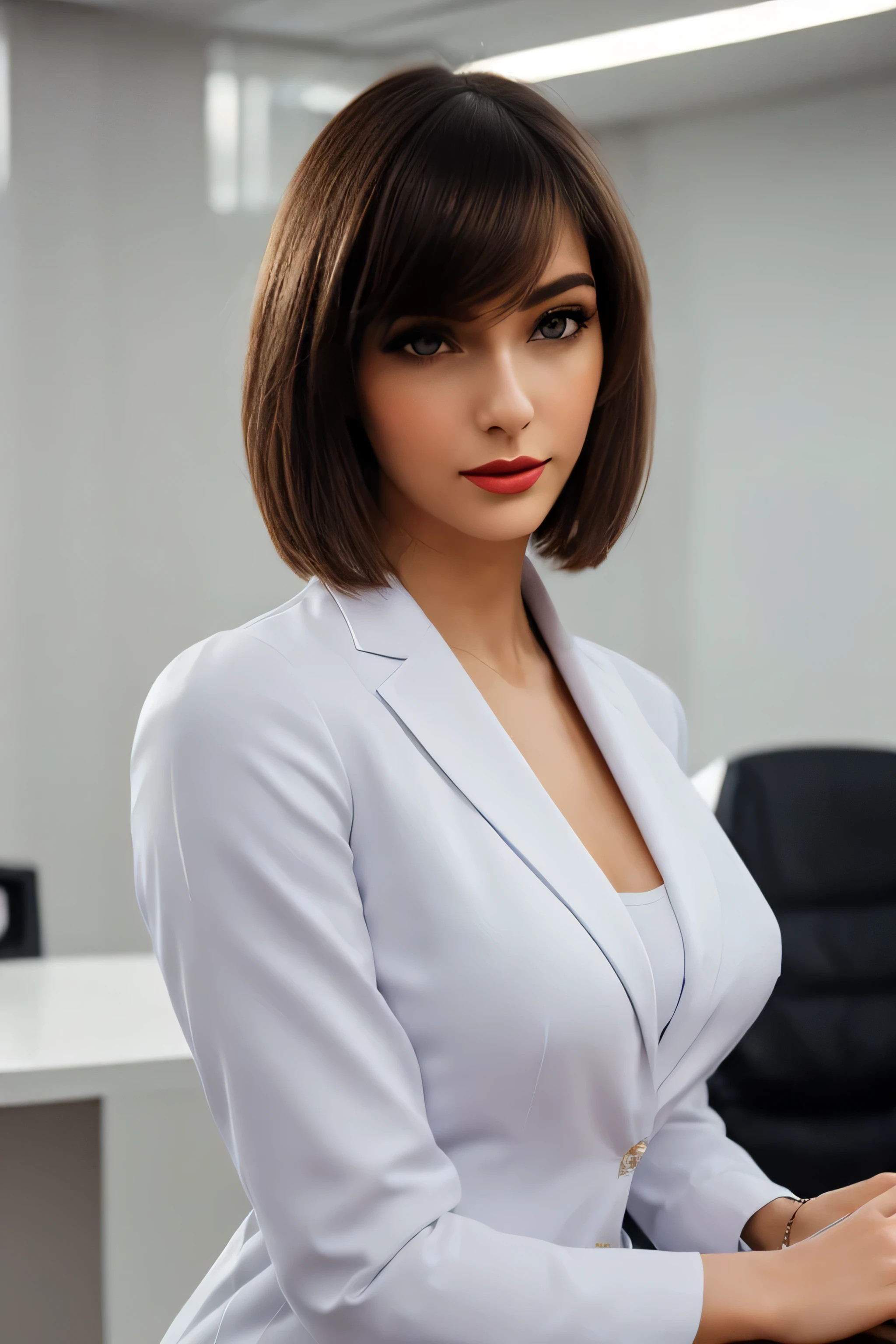 Best quality, Photorealistic, ultra detailed, finely detail, high resolution, 8k wallpaper, Raw color photo, professional, high level of detail, Beautiful woman, (pale skin), ((wearing slack, blazer jacket and white shirt)) Hotouch Basic Cotton Button Down Shirt Blue, (masterpiece), (full body), (blue eyes), realistic, happy face, (red lipstick), mouth wide open, ((short shoulder length hair), (white hair)), (small breast). pink sweater, gray scarf sharp focus, award winning photo, (Front to front), (Look at viewers), small light, low contrast, facial symmetry, depth of fields, (best quality,4k,8k,high resolution,masterpiece:1.2),ultra-detailed,(realistic,photorealistic,photorealistic:1. 37),portrait,formal attire,professional setting,confident expression,stylish haircut,office environment,modern office building,impressive architecture,elegant pose,female executive,high heels,bright and spacious office,sharp focus,women working together,polished look,neutral color palette,soft natural lighting,clean and minimalist design,important business meeting,intricate patterns on the suit,well-groomed hairstyle,desk with computer and paperwork,air of authority,successful and accomplished women, award winning photo, (Front to front), (Look at viewers), small light, low contrast, facial symmetry, depth of fields, cinematic background, center image, softly lit, (finely detailed skin), realistic skin texture, extreme skin details, (pores: 0.1), small bust with good shape