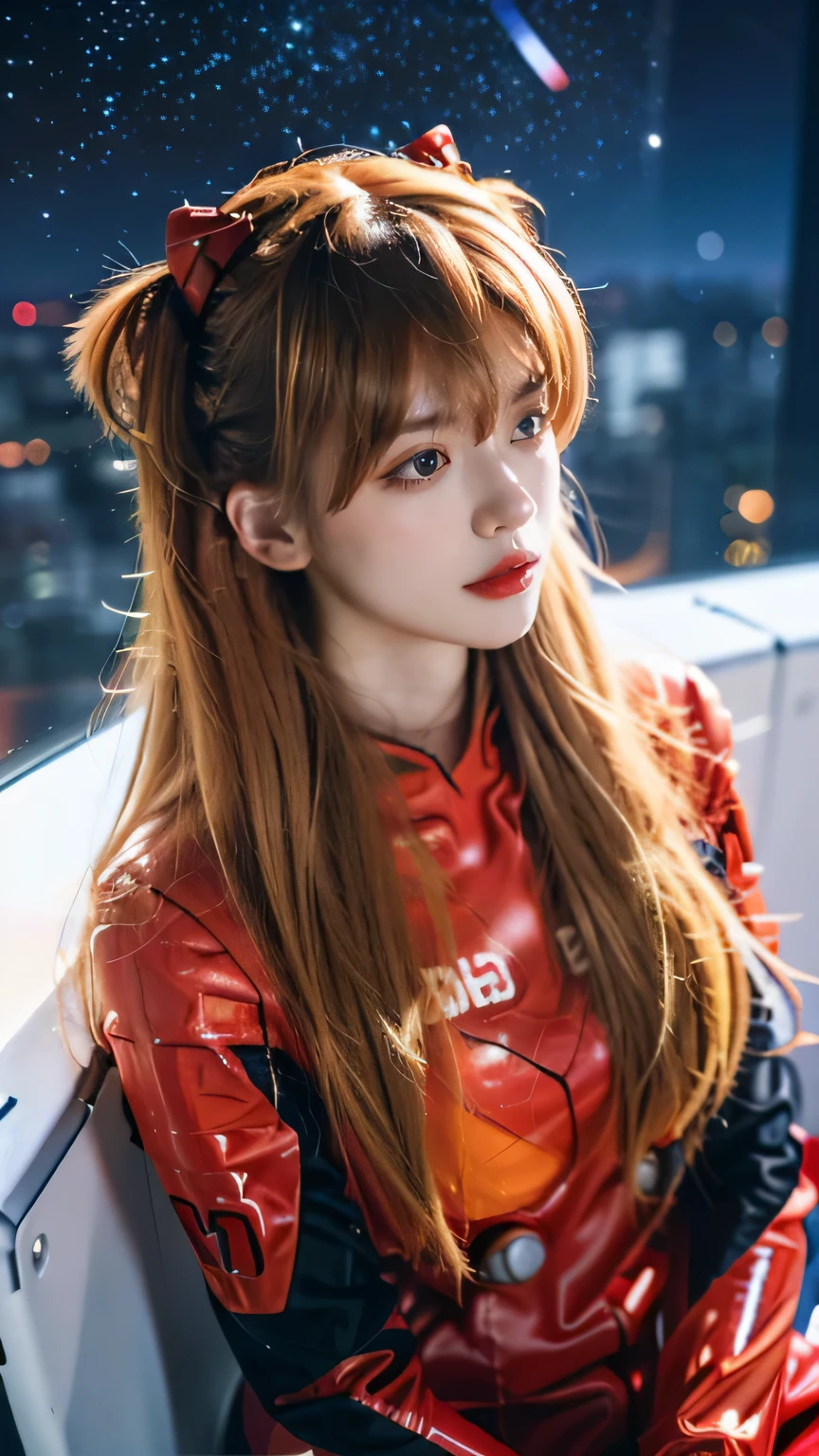 (top view),Dynamic angle,Super detailed, illustration, bust, direct, 1 girl, 
 ((Soryu Asuka Langley, interface headphone, red jumpsuit:1.4, Blonde)),Her eyes shone like fantastic stars,(glowing eyes:1.233),(Beautiful and delicate eyes:1.1),(Poker face,Keep your mouth shut),(permanent), 
(Mechanical room with tools and spaceship windows in white spaceship),
(night:1.2),fantastic, [[slender fingers and hands:0.55]::0.85],(Detail fingers),