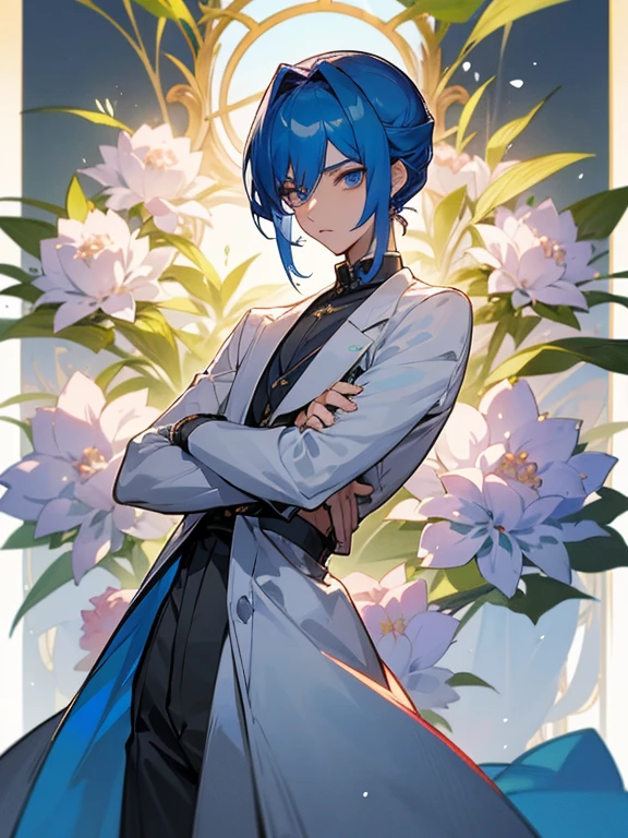 anime image of a man in a white shirt standing in front of a flower garden, delicate androgynous prince, beautiful androgynous prince, tall anime guy with blue eyes, inspired by Bian Shoumin, handsome prince, handsome guy in demon slayer art, male anime character, gapmoe yandere, official art, handsome anime pose, young anime man