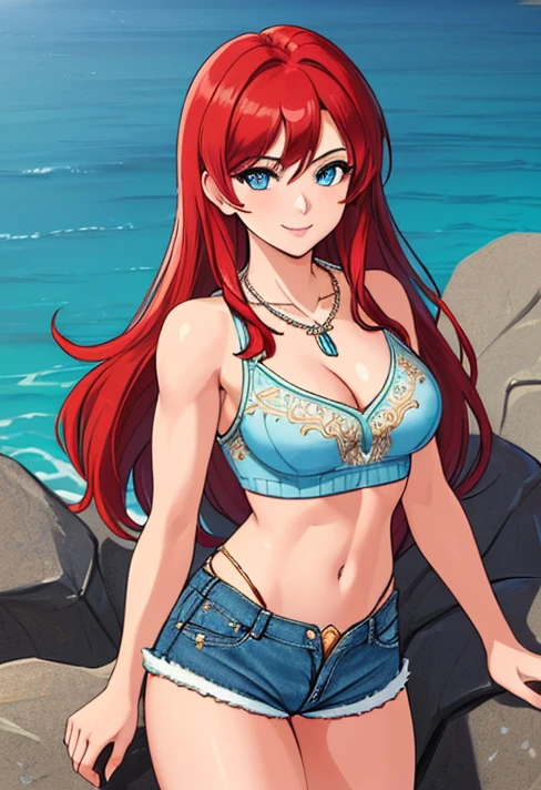 ((solo:1.6)), masterpiece, ((ultra detailed background, delicate pattern, intricate detail)), (highly detailed, fine details, rich colors), best quality, beautiful lighting, 1girl, young woman at 22, red hair, long hair, blue eyes, smile,((medium breasts, perfect model physique)), ((V-neck crop top ,denim shorts, necklace)), (Deep Cleavage), (complex detailed background, barren land, rocks, ocean, outside, nature environment), (cowboy shot),