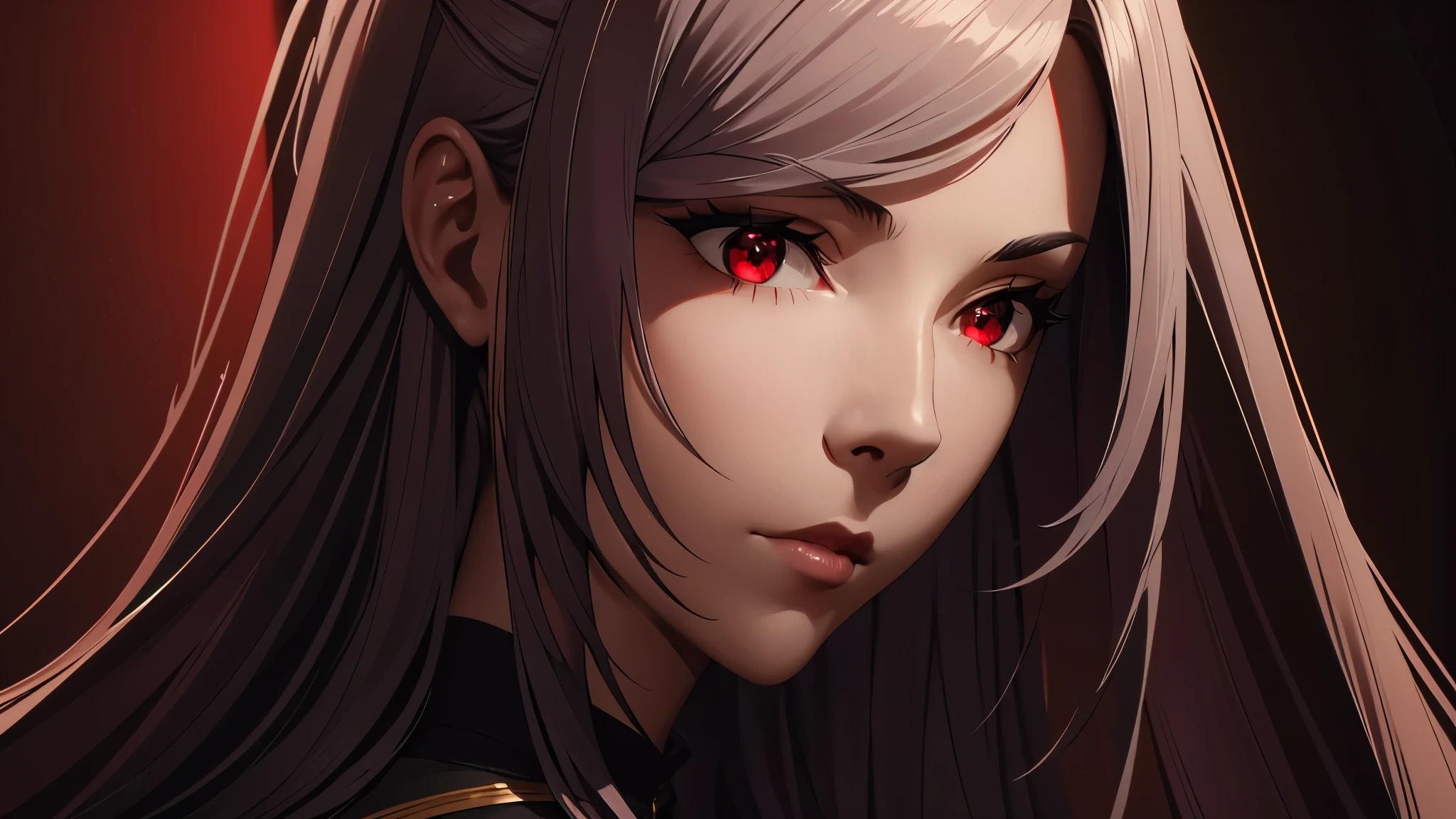 (best quality, highres:1.2, ultra-detailed, realistic:1.37), silver hair, red eyes, long and voluminous hair with slight waves, a woman in her twenties, wearing a striking combination of red and black, her attire exuding elegance yet not formal, her beautiful lips painted in a vibrant shade of red. artistic style: portraits, fantasy elements blended with realism. color palette: deep, rich tones with emphasis on red and black, creating a captivating contrast. lighting: soft and warm, illuminating her facial features with a subtle glow while casting gentle shadows, enhancing the depth and dimension of the image. additional details: the woman stands on a throne. Her silver hair reflects the light, creating a shimmering effect. She holds a sword in her hand, symbolizing power. The atmosphere is filled with an air of mystery and intrigue. You can see a lot more of her body