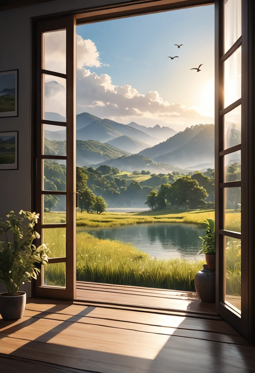 1girl, The View Outside the Window, (4k,8k,highres,:1.2),ultra-detailed,(realistic,photorealistic,photo-realistic:1.37),indoor view,window view,outside scene,outdoor scenery,breathtaking landscape,panoramic view,serene atmosphere,clear blue sky,rolling hills,green meadows,colorful flowers,trees swaying in the wind,sun shining brightly,golden sunlight streaming in through the window,glimmering lake in the distance,crystal-clear water,reflection of the sky on the water surface,lush forests,majestic mountains on the horizon,peaceful countryside,tranquil setting,quiet ambiance,gentle breeze rustling the leaves,morning mist over the fields,tiny birds chirping,soft rays of sunlight illuminating the room,nature's beauty at your doorstep,serenity of the outside world,boundless beauty right outside the window . masterpiece, best quality, very aesthetic, absurdres, aesthetic