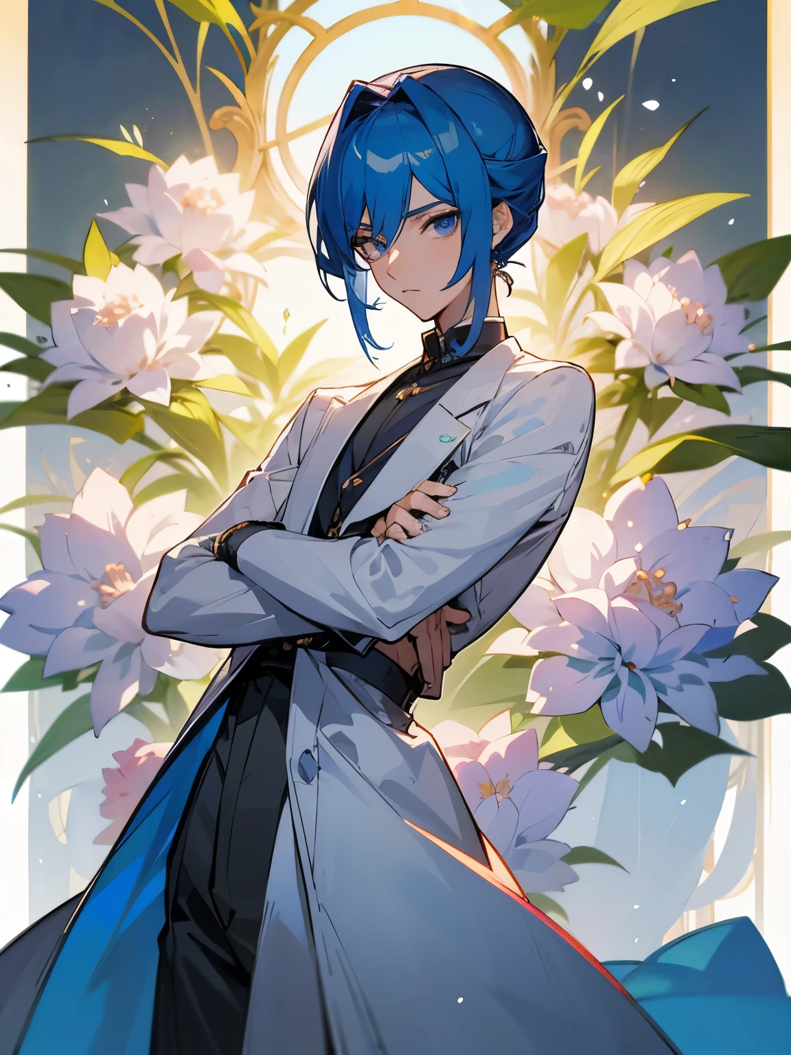 anime image of a man in a white shirt standing in front of a flower garden, delicate androgynous prince, beautiful androgynous prince, tall anime guy with blue eyes, inspired by Bian Shoumin, handsome prince, handsome guy in demon slayer art, male anime character, gapmoe yandere, official art, handsome anime pose, young anime man