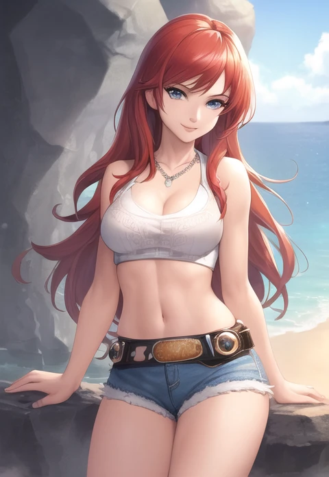 masterpiece,,((ultra detailed background, delicate pattern, intricate detail)), (highly detailed, fine details, rich colors), best quality, beautiful lighting, 1girl, red hair, solo, long hair, blue eyes, smile,((medium breasts, slim girl)), ((V-neck crop top ,denim shorts)), (Deep Cleavage), (complex detailed background, barren land, rocks, ocean, outside, nature environment), (cowboy shot),