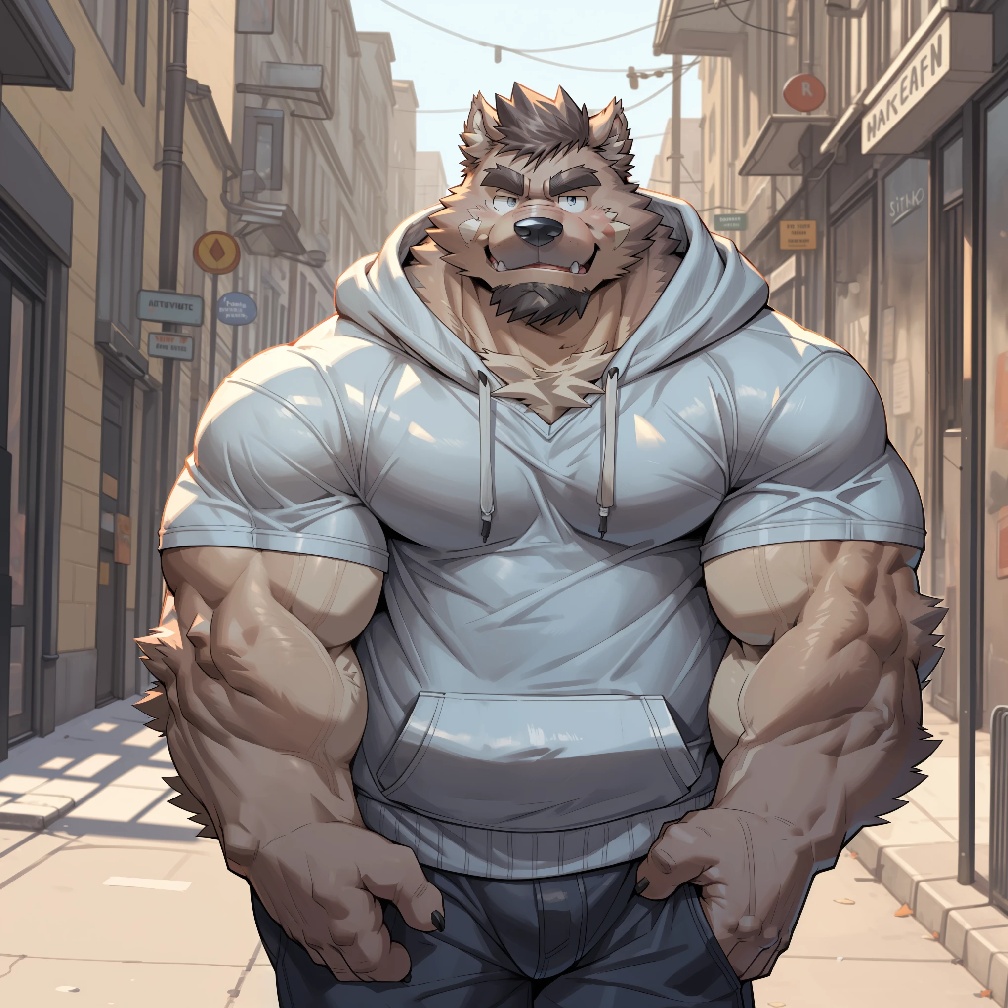 masterpiece，alone, (young man), (muscular),  (male human dog)，hairy，hoodie，fur，male，strong，成熟male，Detailed eyes，background street，Inspired by Takemoto