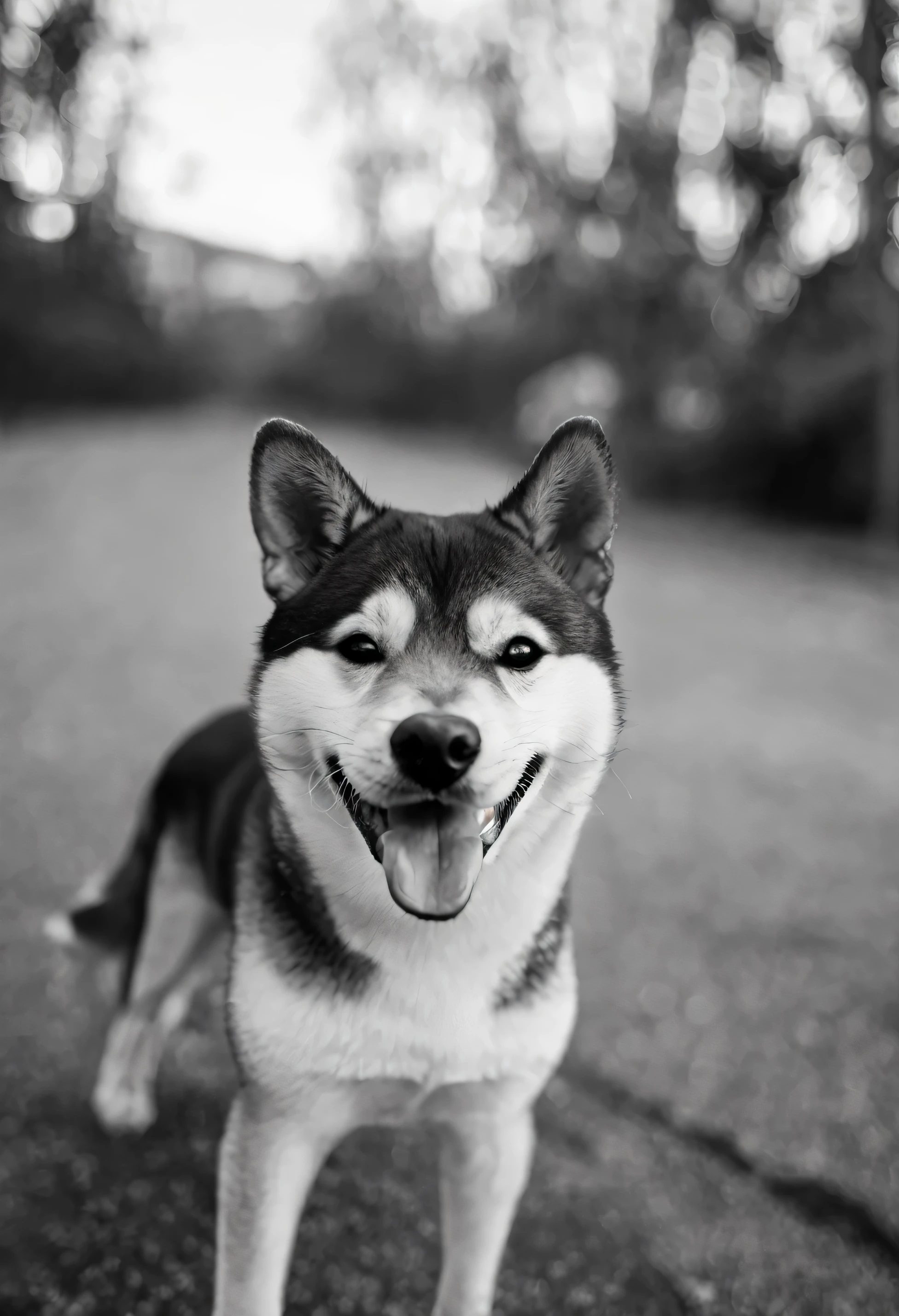 black and white photo of a shiba smiling