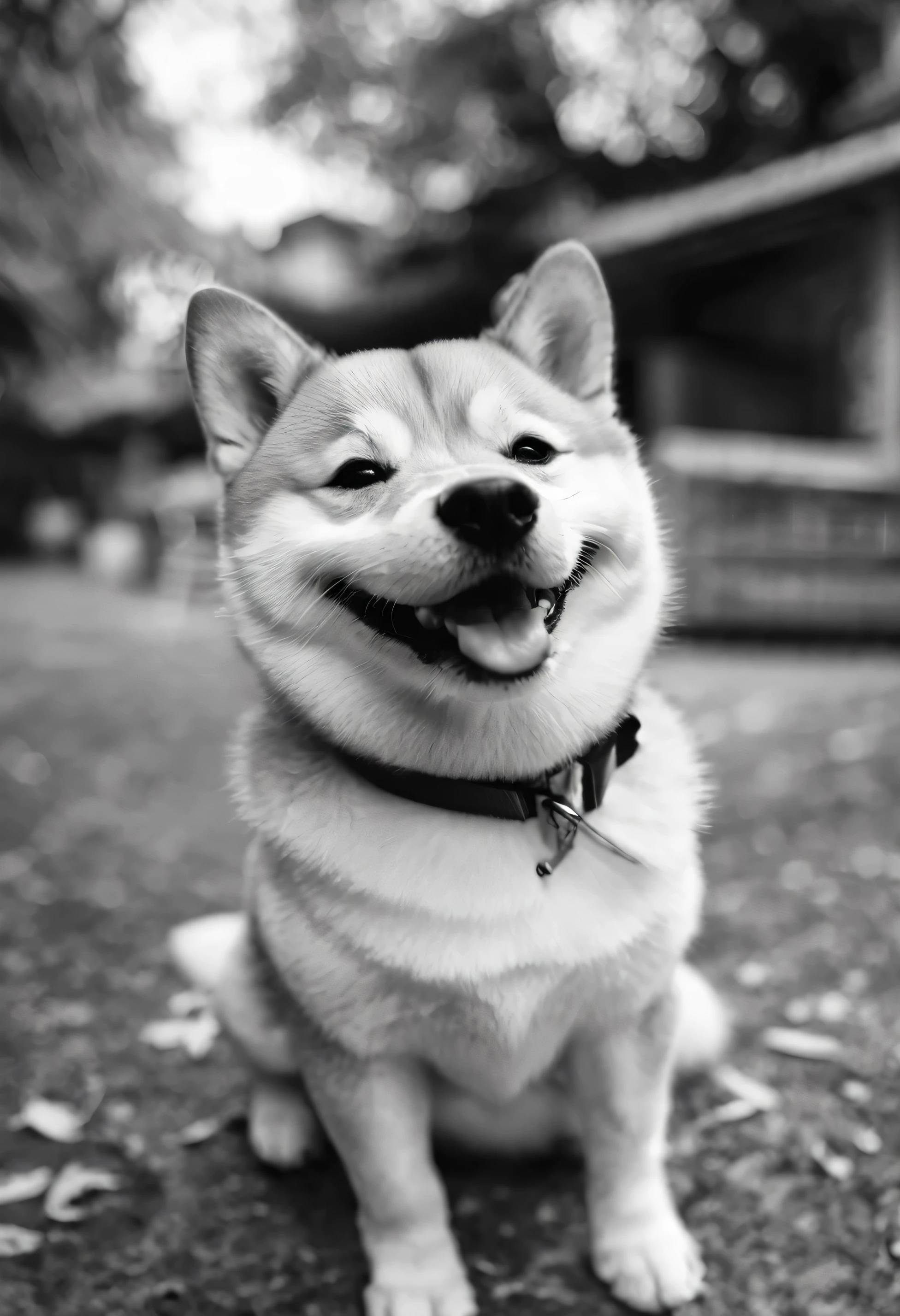 black and white photo of a shiba smiling