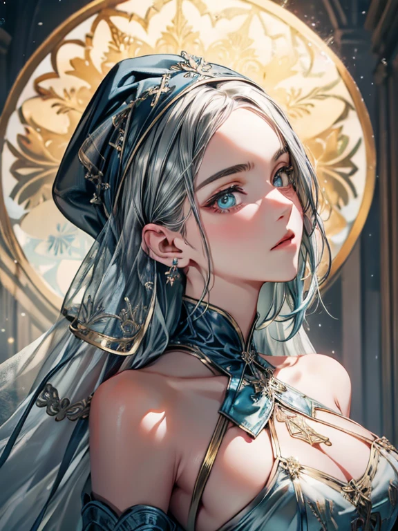 (best quality,8K,high resolution,masterpiece:1.2),Super detailed,Futurism,Surrealism,Beautiful and delicate lake green eyes,Beautiful and delicate lips,extremely detailed face,super long hair,1 girl,Beautiful girl with aqua hair,Wearing a sci-fi dark blue nun costume,Platinum nuns headscarf(gold ornaments),(golden silver pattern),(Glowing pink pattern),(Glowing light blue pattern)(complex pattern:1.4),Lovely,attractive,portrait,delicate eyes,ancient tranquil church,(Luminous clothing design),(glowing floating decoration),Luminous earrings,Reflective pupil,see-through clothing design,black gloves