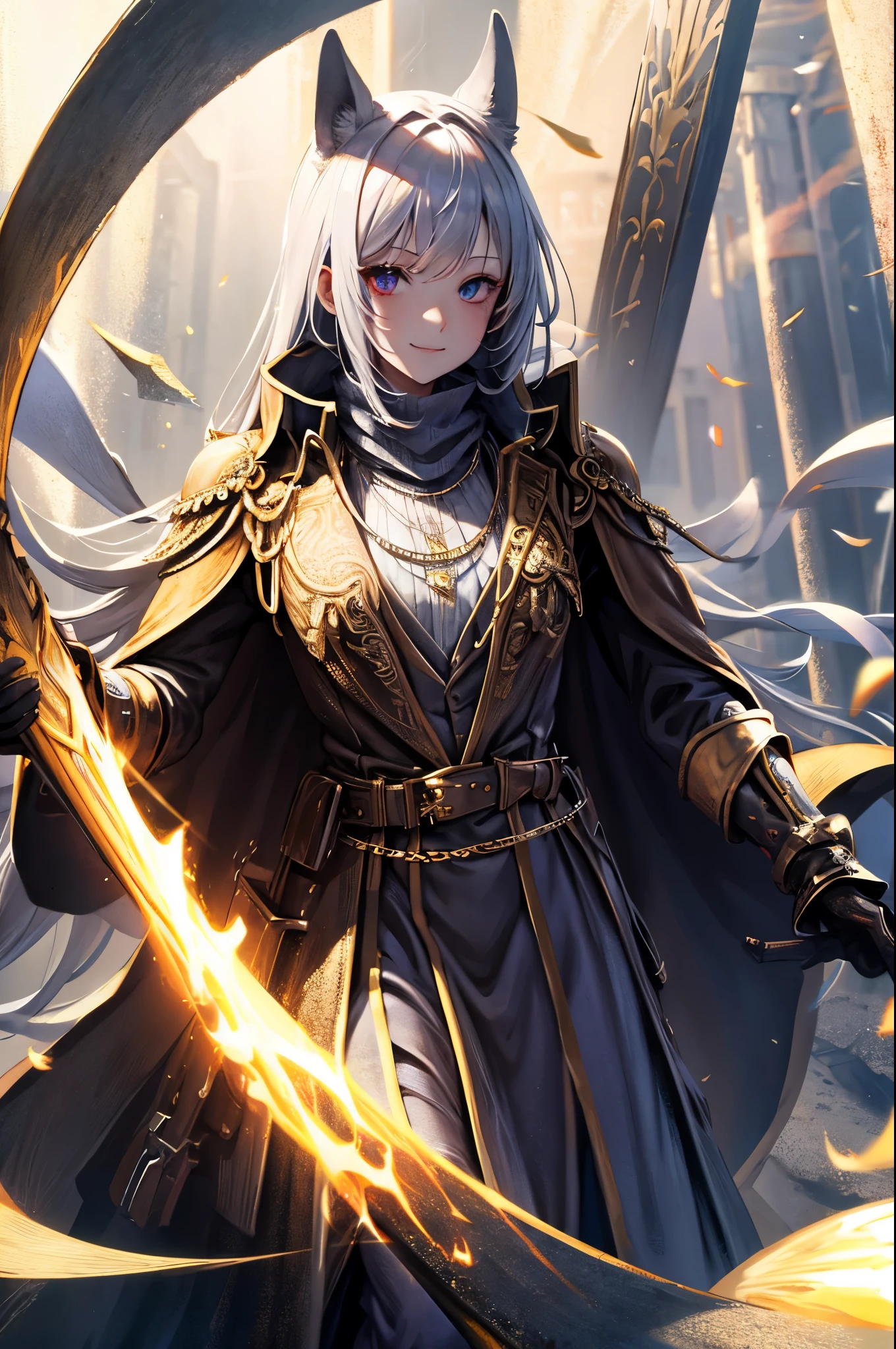 Bloody Doll, Advanced art style,works of masters,16K,HD,Scary smile,silver hair,noble,Mink scarf,crutch,full-body shot,golden light,Advanced Cape,necklace,belt,shy