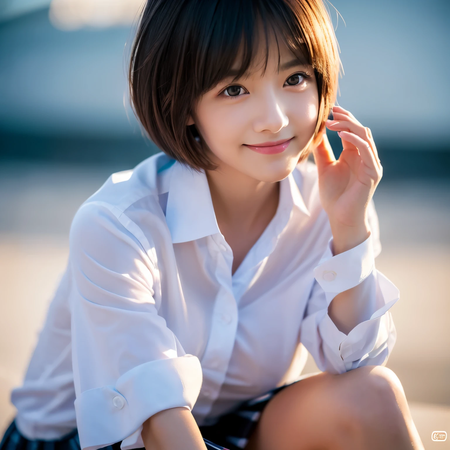 (8K、top-quality、masterpiece:1.2)、(realisitic、Photorealsitic:1.37)、ultra-detailliert、 1 人、cute little、Soio、Beautiful detailed sky、Detailed Cafe、natta、sitting on、date、(Nasal blush)、 (A smile:1.15),(Closed)small tits,Beautiful fineness,(shirt with collar:1.1),natta,Wet,Business Wear,Sateen,White lace,(short-hair:1.2),Floating Hair NovaFrogStyle,An 18-year-old woman、Happy smile