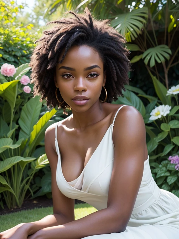 (highres,photorealistic)A beautiful and realistic black girl dressed in a white dress,strong light on the black skin, African-American fashion,strong highlight,strongly relieved skin,detailed facial features,smooth skin texture,beautiful detailed eyes,beautiful detailed lips,longeyelashes,confident and alluring expression,gentle and graceful posture,posing in a lush garden,rich green foliage surrounding her, vibrant flowers in full bloom, delicate petals reflected by the sunlight, a serene and peaceful atmosphere,portraits, contrasting colors, warm and cool tones, soft and natural lighting,creating a captivating and mesmerizing piece of art.