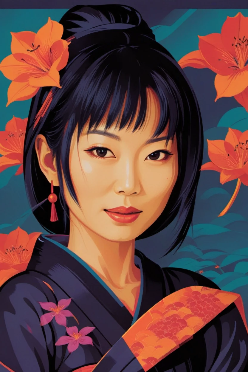 concept poster a Japanese woman, full body portrait at amazon lily . digital artwork by tom whalen, bold lines, vibrant, saturated colors