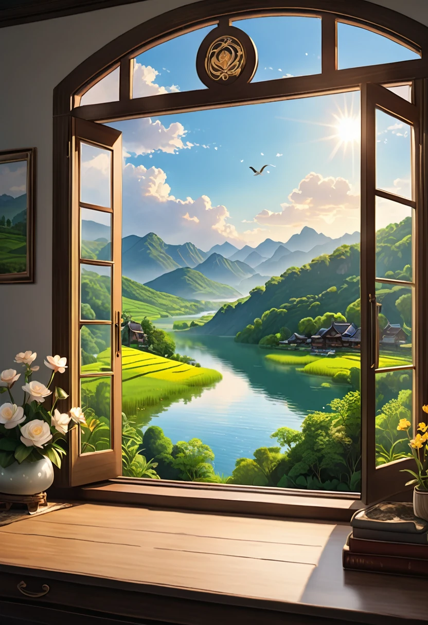 1girl, The View Outside the Window, (4k,8k,highres,:1.2),ultra-detailed,(realistic,photorealistic,photo-realistic:1.37),indoor view,window view,outside scene,outdoor scenery,breathtaking landscape,panoramic view,serene atmosphere,clear blue sky,rolling hills,green meadows,colorful flowers,trees swaying in the wind,sun shining brightly,golden sunlight streaming in through the window,glimmering lake in the distance,crystal-clear water,reflection of the sky on the water surface,lush forests,majestic mountains on the horizon,peaceful countryside,tranquil setting,quiet ambiance,gentle breeze rustling the leaves,morning mist over the fields,tiny birds chirping,soft rays of sunlight illuminating the room,nature's beauty at your doorstep,serenity of the outside world,boundless beauty right outside the window . masterpiece, best quality, very aesthetic, absurdres, aesthetic