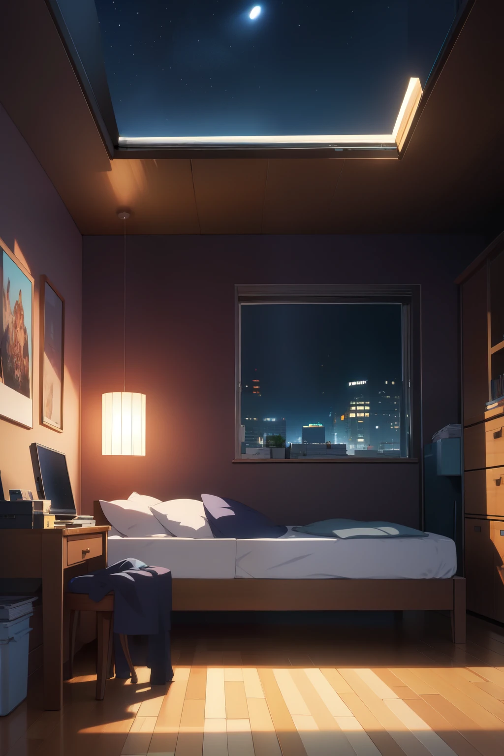 bedroom background, anime style, night, zoom in, HD quality