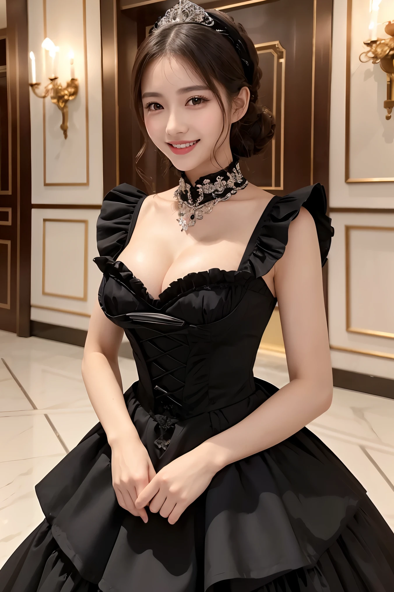 (highest quality、masterpiece、8K、Highest image quality、hyper realism、Award-winning work)、One maid、(Gorgeous Victorian black and white maid dress:1.1)、(A long skirt maid dress with frills:1.1)、(A gorgeous maid dress with extremely intricate and elaborate decorations:1.1)、(Standing at the entrance of the most elegant and luxurious luxury hotel:1.1)、the biggest smile when you look at me、upper body photo、accurate anatomy、cleavage、big breasts、emphasize body line、natural makeup、Super high-definition glossy skin、Super high-definition glowing beautiful skin、Ultra high definition glossy lips、Super high definition beautiful teeth