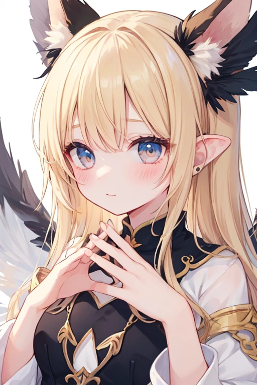 beautiful illustrations, highest quality, pretty girl,beautiful girl、clear face、 half girl、pastel colour 、blush、perfect hands、five fingers、fantasy、fantasy、Feathers on ears、wing、blonde、A fleeting look、up、upper body only