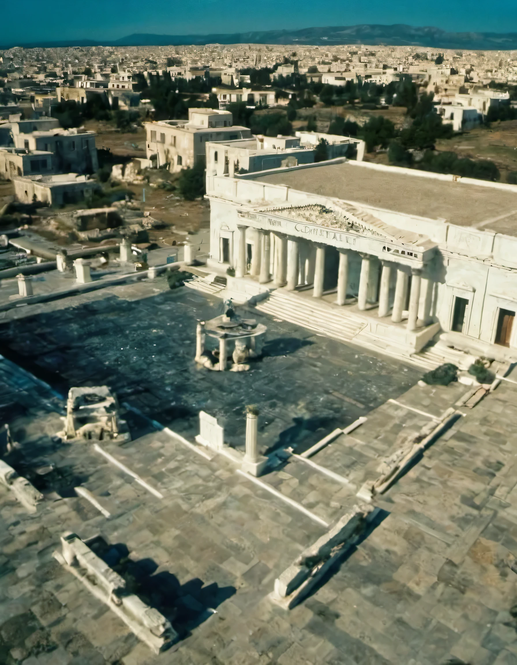 Mystical city with a white marble palace in the central square. the city was built inside the crater of a large meteorite, it can only be reached by sea or sky. it is a city marked by white houses and palaces, narrow and labyrinthine streets and turquoise blue sea. Aquiles, Hector, triumphant cry marking the final blow, ancient greece, armor stained with the toils of combat, windswept plains of troy, aquiles standing tall with Hector falling, a sense of finality enveloping the scene, drone shot, hyper-realistic, photo realism, cinematography, --ar 916"