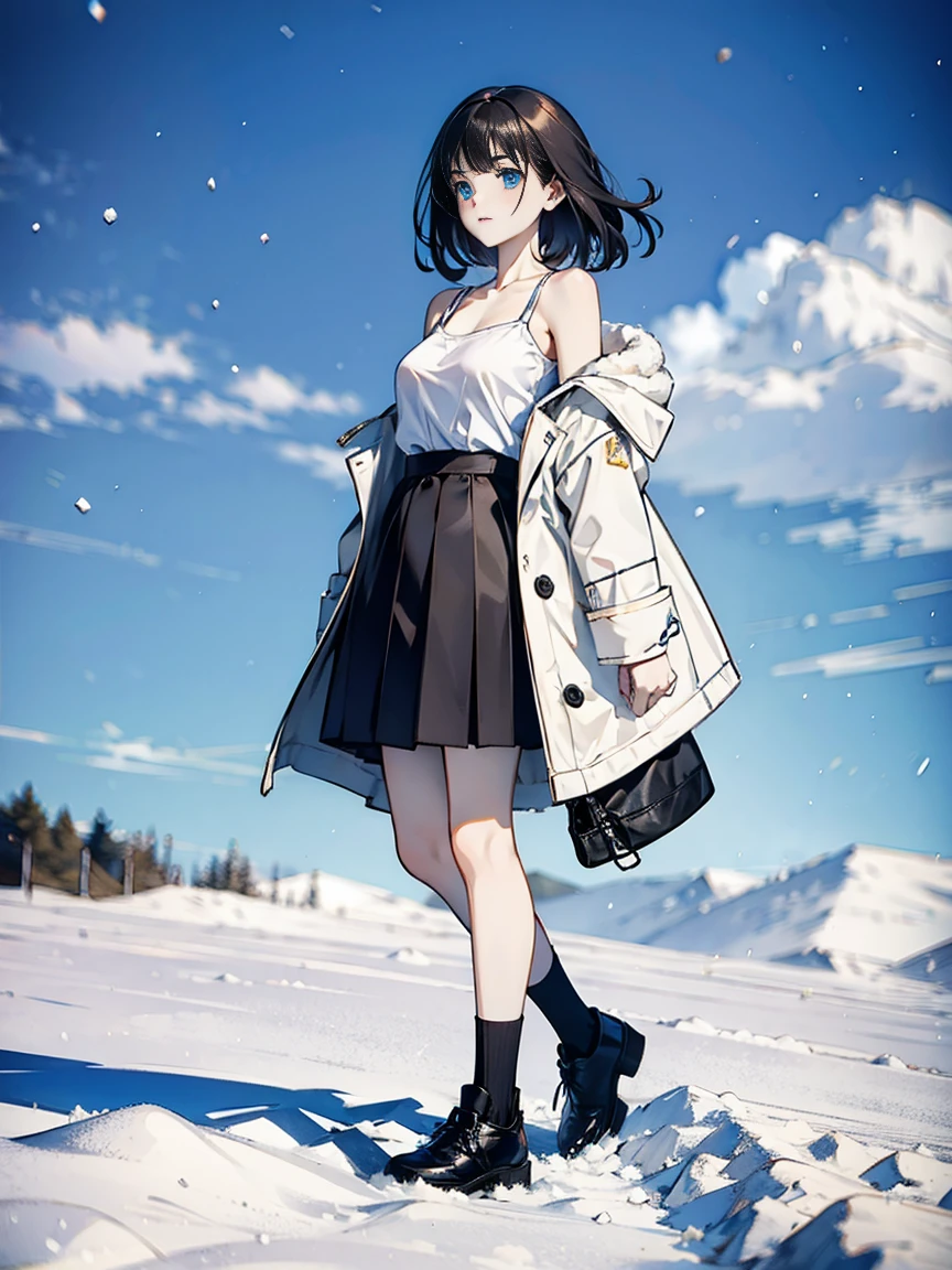 girl,clavicle,short skirt,snow day,whole body