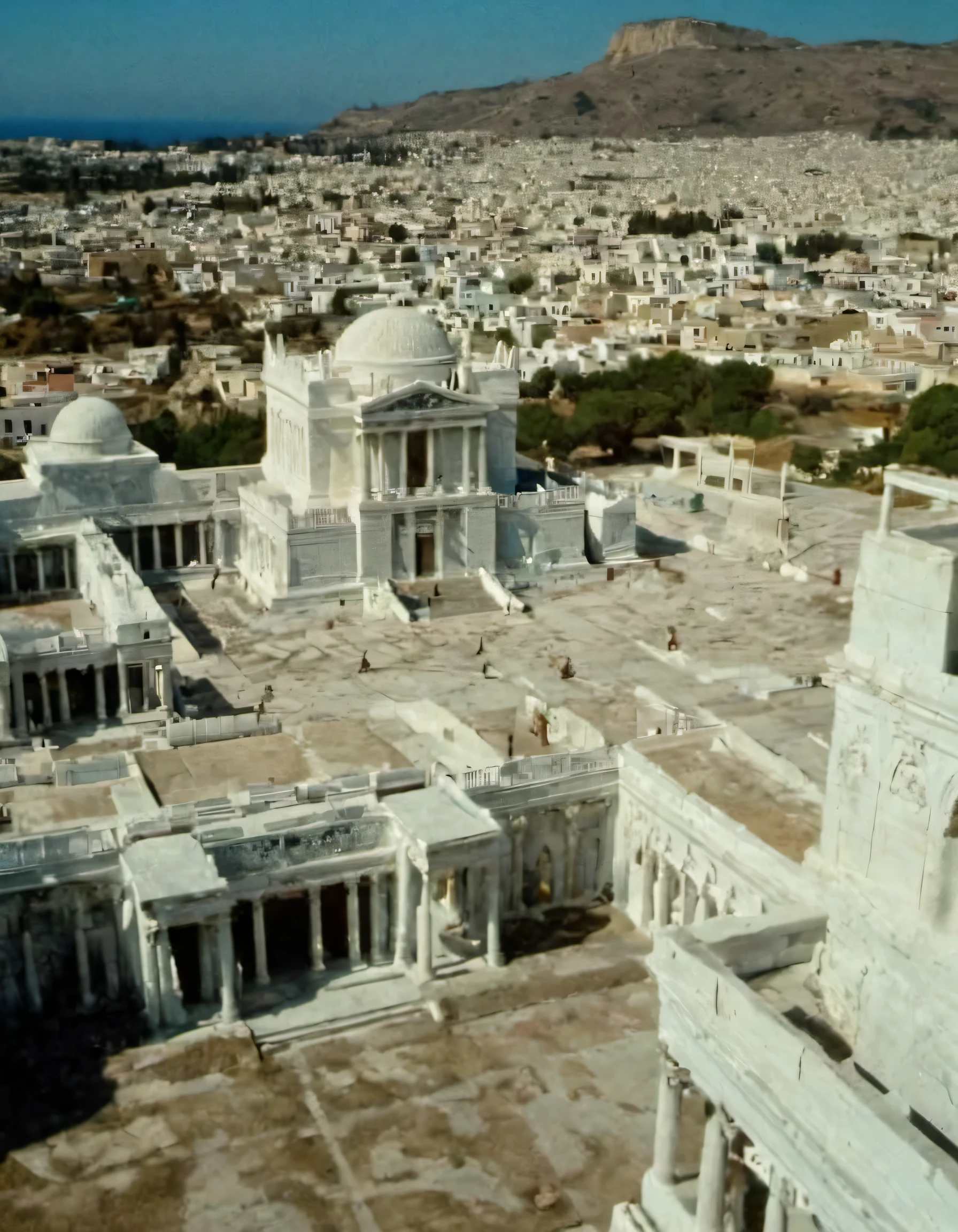 Mystical city with a white marble palace in the central square. the city was built inside the crater of a large meteorite, it can only be reached by sea or sky. it is a city marked by white houses and palaces, narrow and labyrinthine streets and turquoise blue sea. Aquiles, Hector, triumphant cry marking the final blow, ancient greece, armor stained with the toils of combat, windswept plains of troy, aquiles standing tall with Hector falling, a sense of finality enveloping the scene, drone shot, hyper-realistic, photo realism, cinematography, --ar 916"