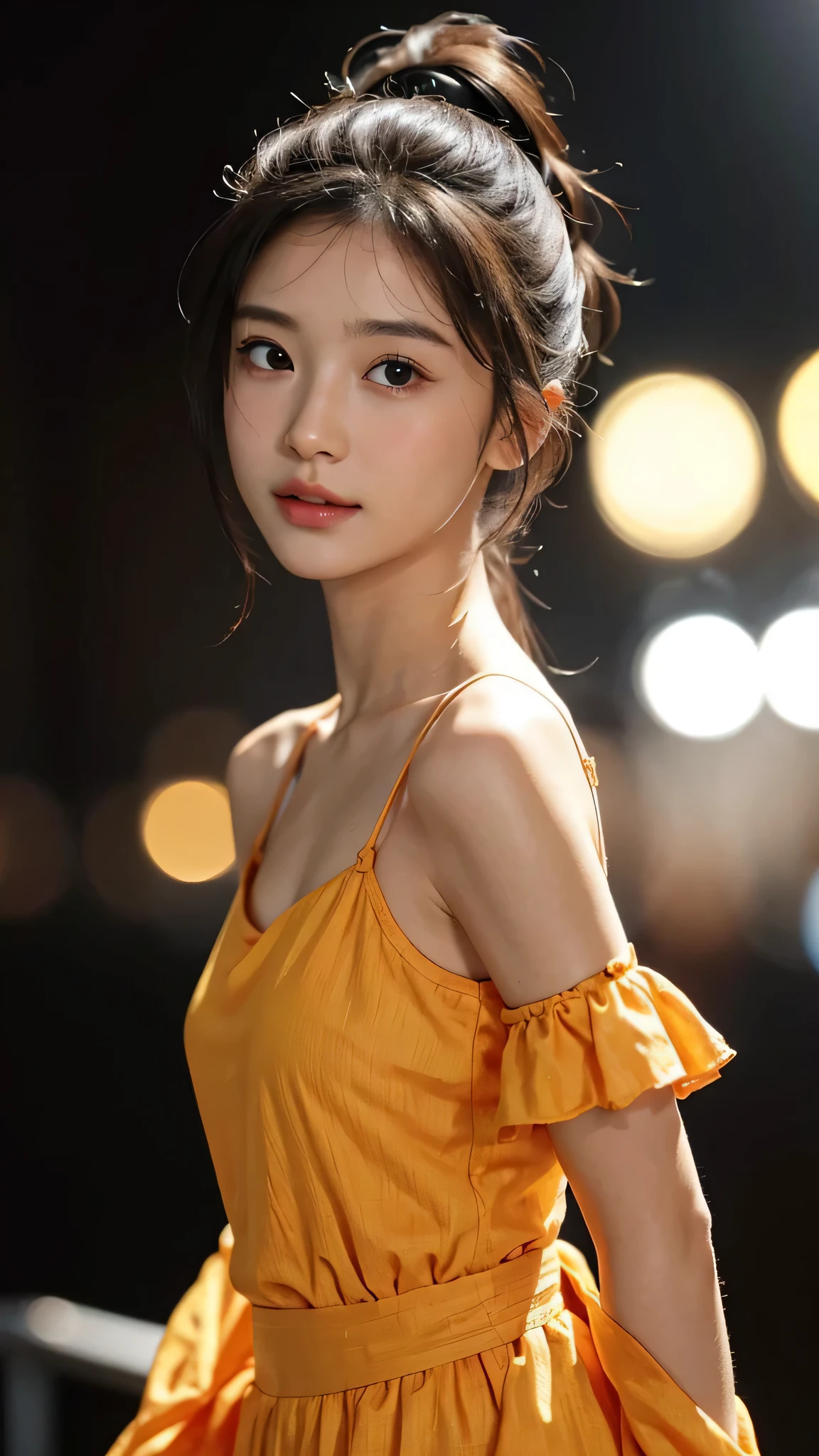 One woman,fully body photo,masutepiece, The highest image quality, High quality, the background is clear,Beautiful woman, Japanese, Detailed, Detailed eyes, Detailed skin, Beautiful skin, 超hight resolution, (reality: 1.4),Very beautiful woman, Slightly younger face, Beautiful skin, slender, (Ultra photo realsisim), (hight resolution), (8K), (Very detailed) (beautifully detailed eyes), (super detailed), (Detailed face), view the viewer, Fine details, Detailed face, Staring straight ahead, Staring straight ahead, photos realistic, Bright lighting, Professional Lighting, Black hair,poneyTail,a baby face,sixteen years old,Hairstyle is ponytail,long ponytail hairstyle,slight smile,Orange colored long dress with lots of ruffles, softly shaped skirt,Spotlight on stage,close-up of face,