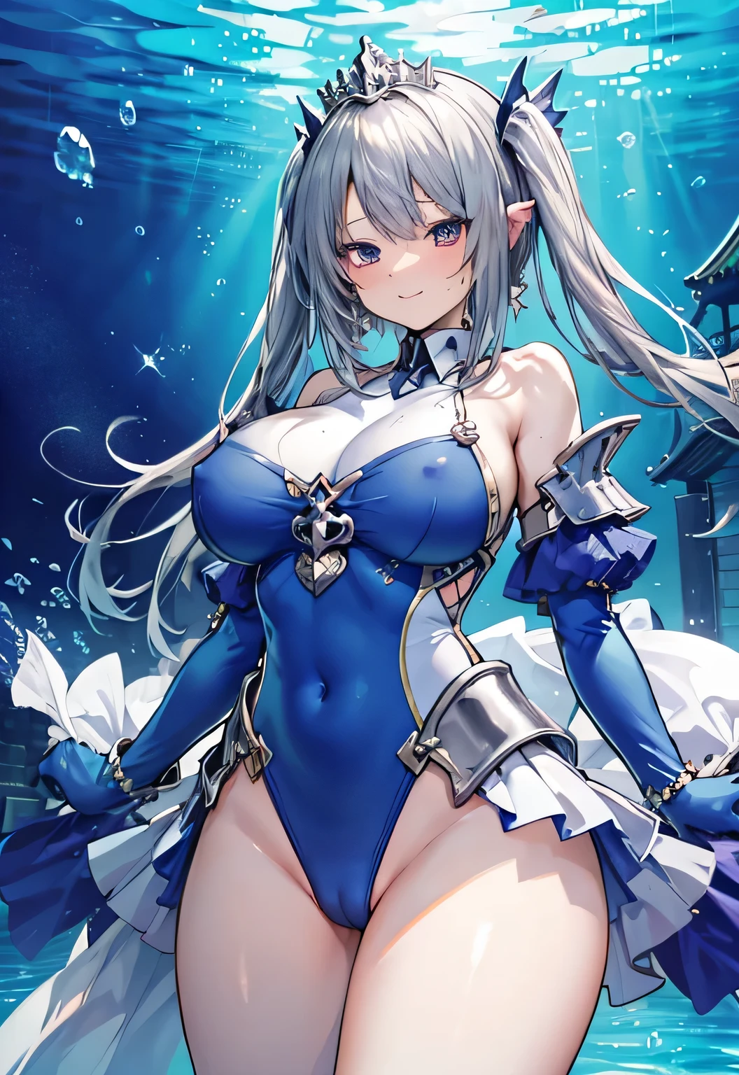 Erotic Anime Illustration、Highest image quality、A voluptuous bitch princess knight shows off her vagina and flirts with men at the underwater temple、perfect proportions、Overwhelmingly big breasts beyond the norm、thick legs with fat、big areola、Beautiful shining eyes、cowboy shot、smile、shaved pussy、exposing nipples、spread legs、sweating、Vagina depicted in detail