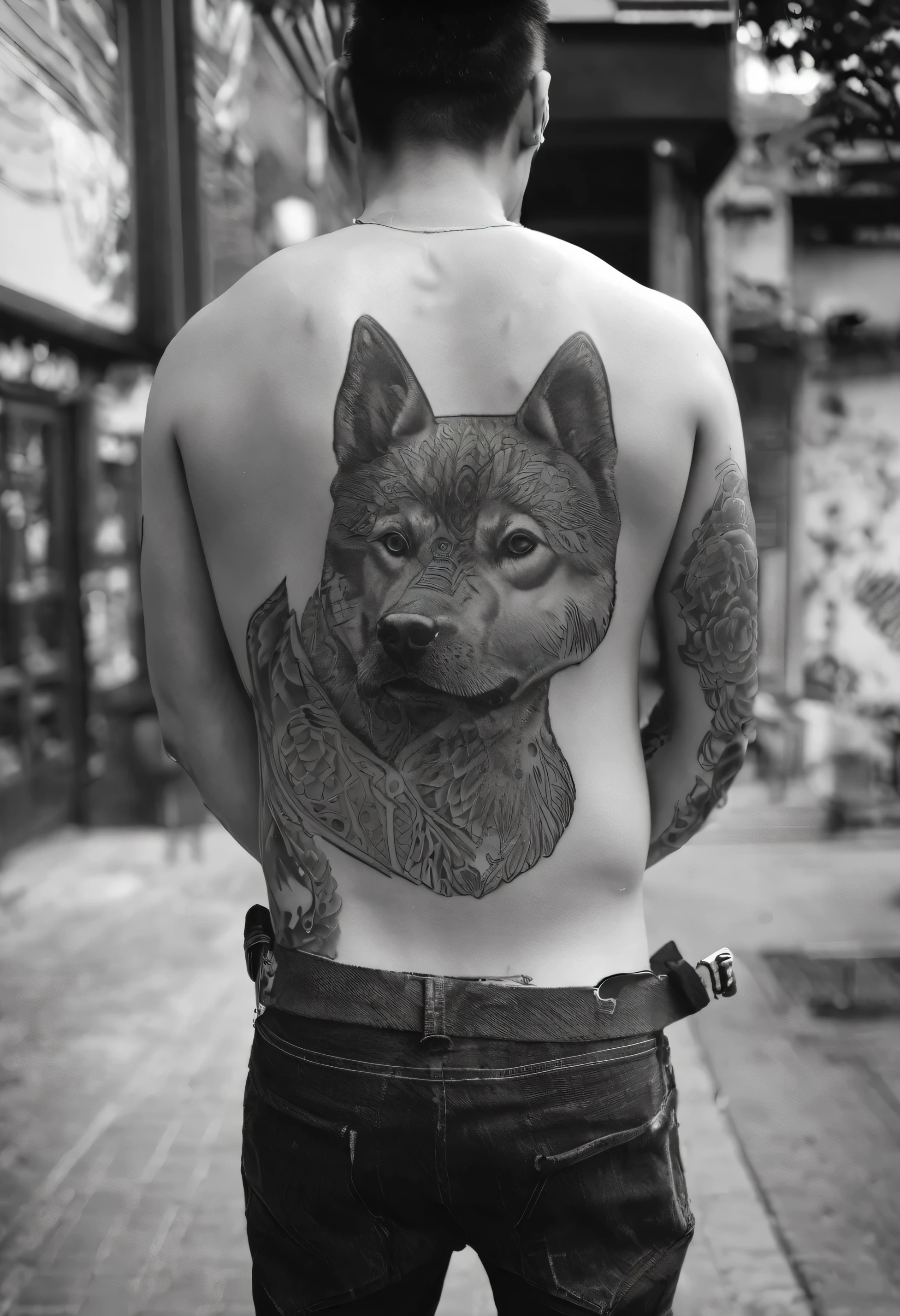 black and white photo of a mans back, having shiba inu tattooed on his back