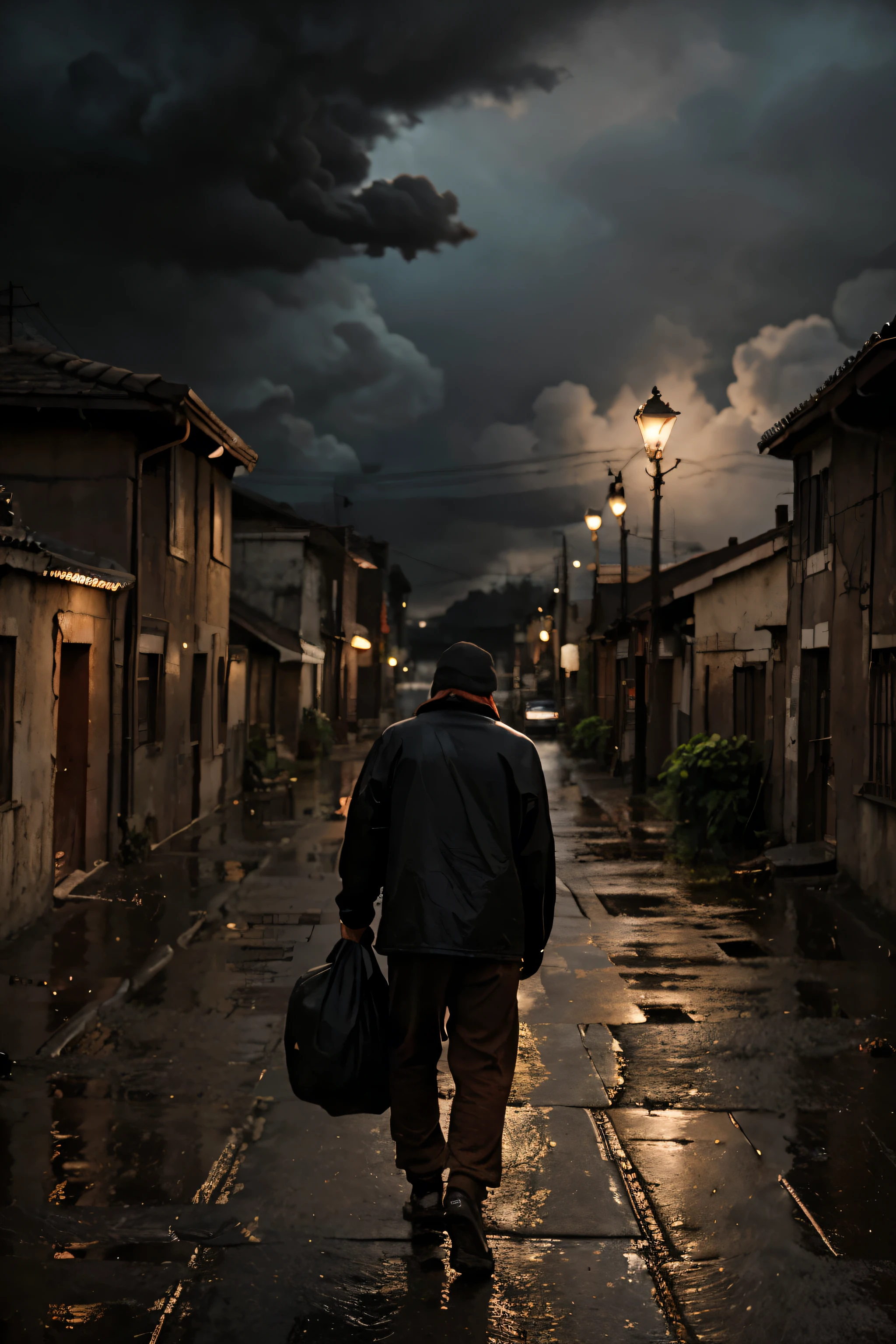 A weak man in old clothes carrying a large heavy bag with his hands behind his back walking along a dirt street against a backdrop of old, poor houses. dark atmosphere black and red clouds, Mucha lluvia. Imagen ultrarrealista de 8k