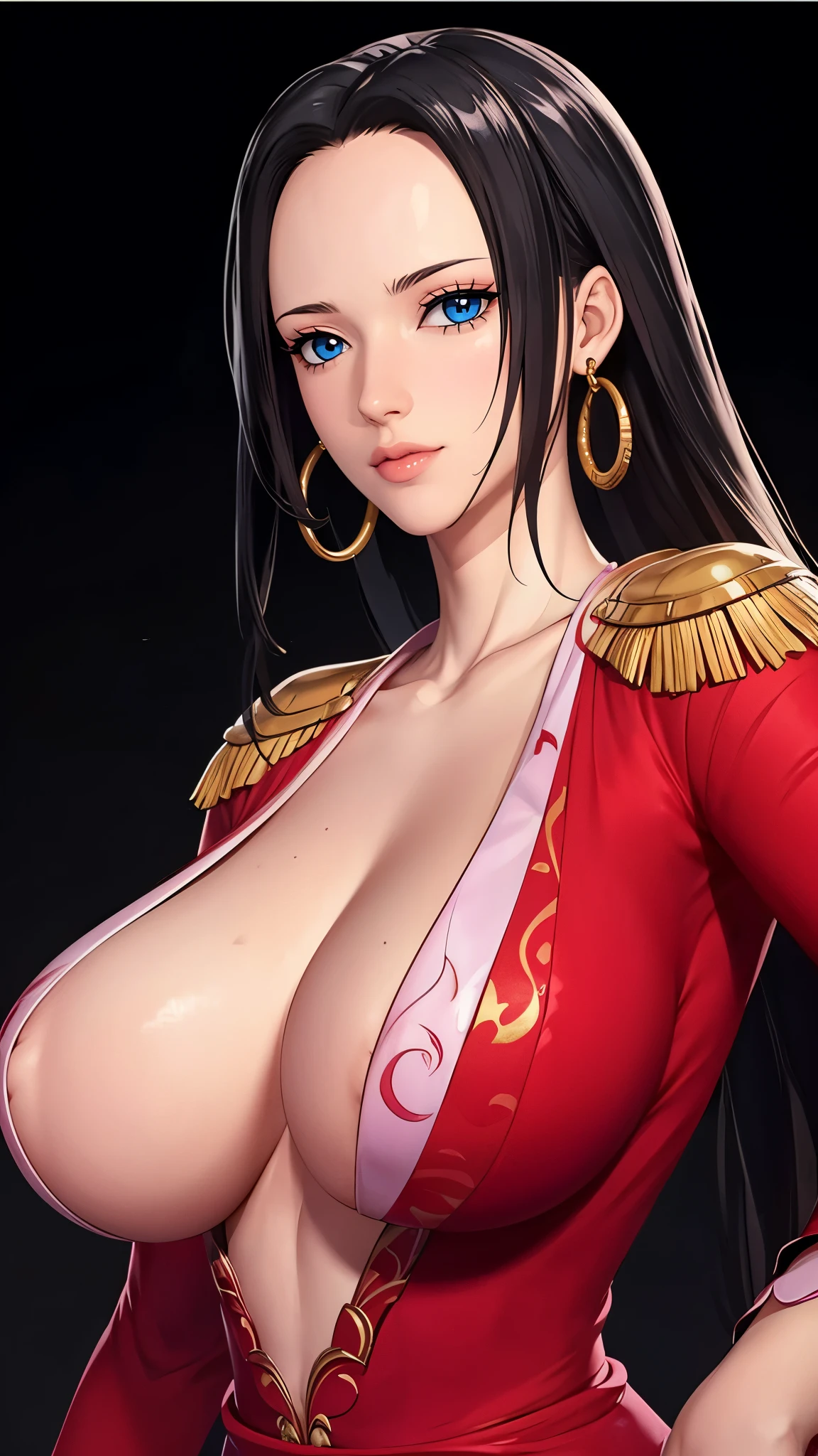 (((完美figure,figure,Red chinese dress, (((boa hancock,Dark long hair, combed with a chiffon hairstyle, slightly wide forehead smooth and flat, deep blue eyes, slender and delicate corners of the eyes, almond eyes exuding a hint of coldness, nose bridge high and straight, nose small and delicate, lips soft without any wrinkles. Wearing a pair of snake shaped golden earrings under the ears)))((masterpiece)),high resolution, ((Best quality at best)),masterpiece,quality,Best quality,((( Exquisite facial features,looking at the audience,There is light in the eyes,Happy,lol))),型figure:1.7))),(((Interlacing of light and shadow,huge boobs))),(((looking into camera,black background,Exaggerated perspective , ultra wide shot,
blurry hand foreground)))