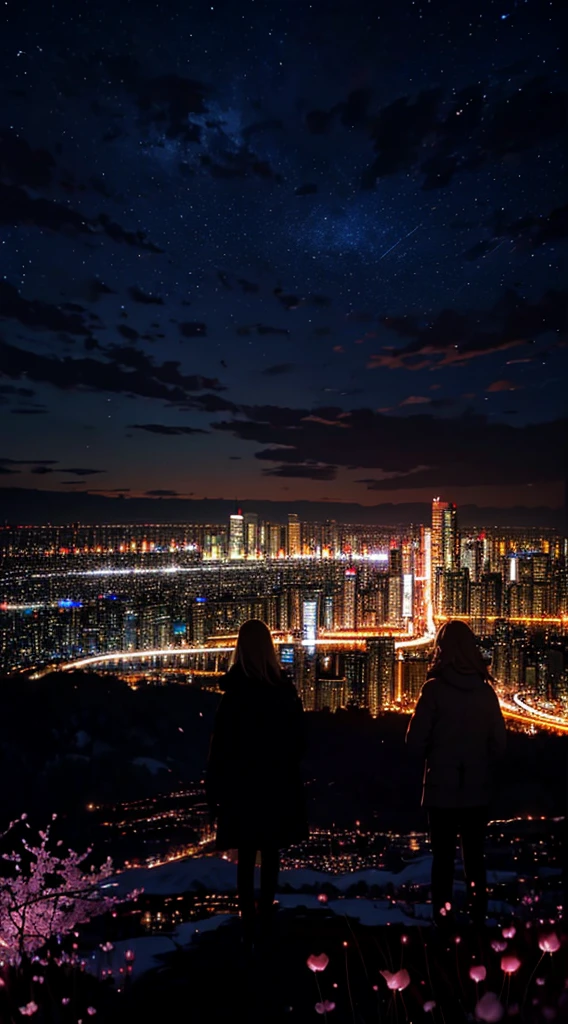 1people々々々,blonde long hair,long coat,silhouette, Rear view,バイオリンを弾いてるsilhouette,space sky, milky way, anime style, cherry blossoms,夜cherry blossoms,辺り一面に舞うcherry blossoms吹雪,Night view of the city from the mountainside,