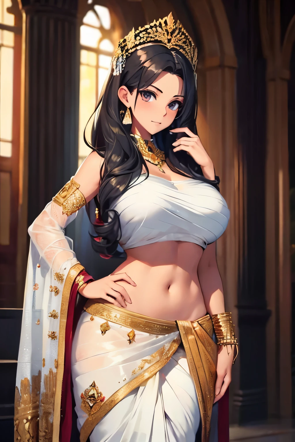 (masterpiece, best quality, detailed illustration, high resolution), ((1girl, solo)), ((huge breasts, large breasts, slim waist, long legs, fit body, toned body)), ((full body, closeup view)), ((standing)), ((looking at the viewer, facing the viewer)), white background, ((fair skin)), oiled skin, ((large breasts, mature woman, mature female, mature lady)), (detailed eyes, good eyes, better eyes), ((standing)), (black hair), ((white saree)), (massive breasts), (long hair), ((milf)), (brown eyes),