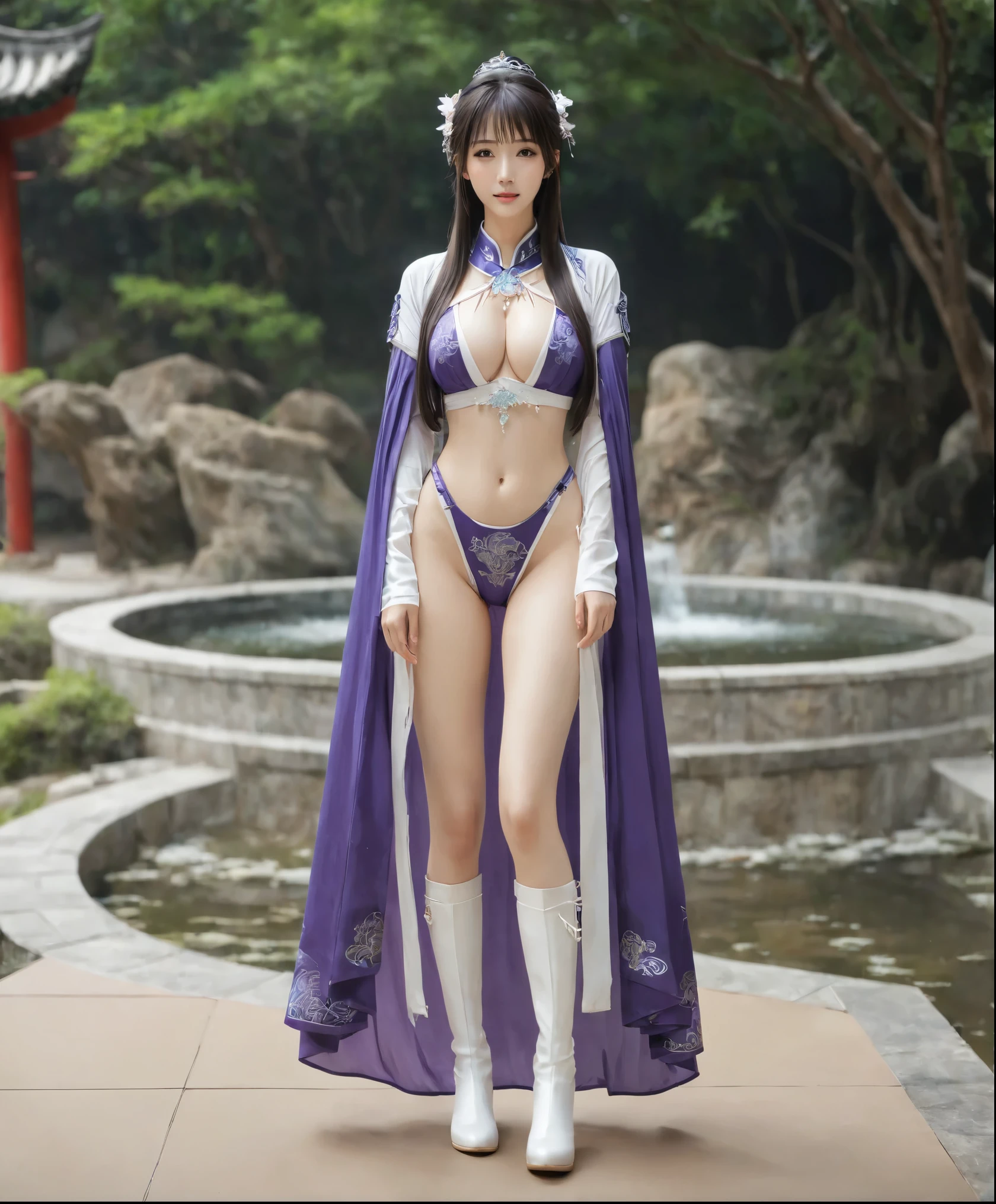 美麗的fantasy皇后, anime goddess, full body xianxia, ((美麗的fantasy皇后)), sweet smile，性感white bikini內衣，white bikini，high-cut underwear，high cut underwear，Long-legged girl，put on boots，White boots，huge breasts，Put on your hat, Chinese Hanfu，fantasy服装, Sha Xi, ((美麗的fantasy皇后)), Put on the priest&#39;s cloak, full body purple cloak, 穿着fantasy服装, Anime girls cosplay look at the audience，facing the audience，Put your hands beside you,flowing long hair，Surreal 8000g，Impeccable，masterpiece，professional artwork，famous artwork，Light，movie bloom，perfect face，pretty face，fantasy，Dreamy and magical，not real，intricate details，Exquisite pattern