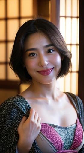 Bewitching beautiful mature woman、40 years、stature　154cm、well-proportioned figure、The figure of the hourglass、Japan in a yukata、Yukata at Japan Ryokan、Shoulder out、clavicle、model in Japan、Japan sensual woman, Gorgeous Japan Woman, goddess of Japan, A smile、Raw photo, (in 8K、top-quality、​masterpiece:1.2)、(intricate detailes:1.4)、(Photorealsitic:1.4)、octane renderings、Complex 3D rendering ultra detail, studio lights, Rim Lights, vibrant detail, super detailing, realistic skin textures, Detail Face, Beautiful detail eyes, Very detailed CG Unity 16k wallpaper, make - up, (detailedbackground:1.2),　shinny skin、