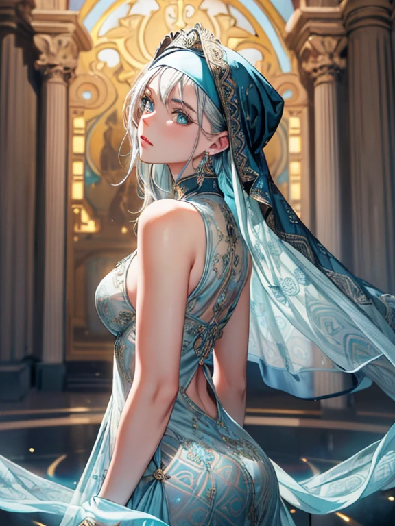 (best quality,8K,high resolution,masterpiece:1.2),Super detailed,Futurism,Surrealism,Beautiful and delicate lake green eyes,Beautiful and delicate lips,extremely detailed face,super long hair,1 girl,Beautiful girl with aqua hair,Wearing a sci-fi dark blue nun costume,Platinum nuns headscarf(gold ornaments),(golden silver pattern),(Glowing pink pattern),(Glowing light blue pattern)(complex pattern:1.4),Lovely,attractive,portrait,delicate eyes,ancient tranquil church,(Luminous clothing design),(glowing floating decoration),Luminous earrings,Reflective pupil,see-through clothing design,black gloves