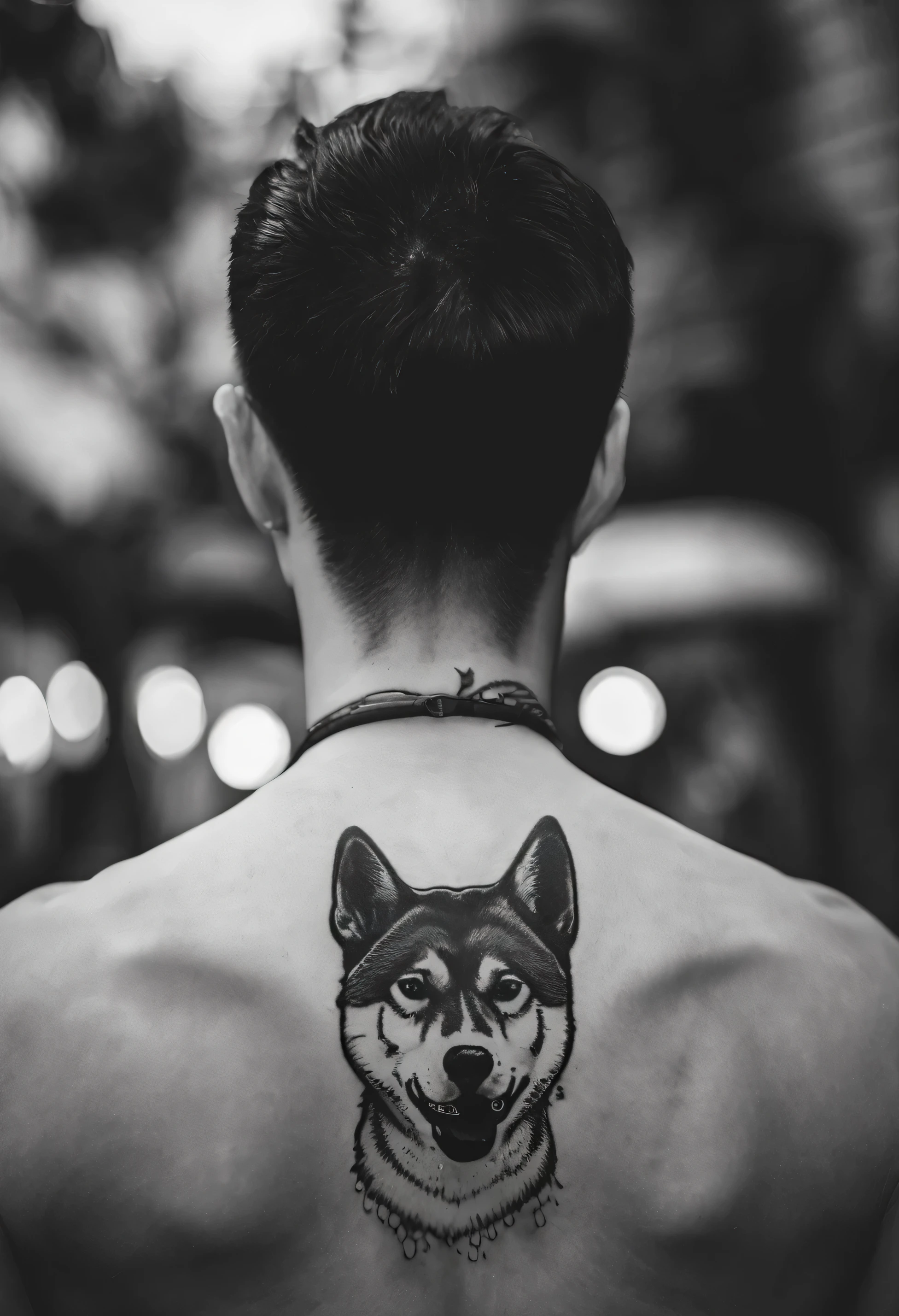 black and white photo of a womans back, having shiba inu tattooed on her back, close up