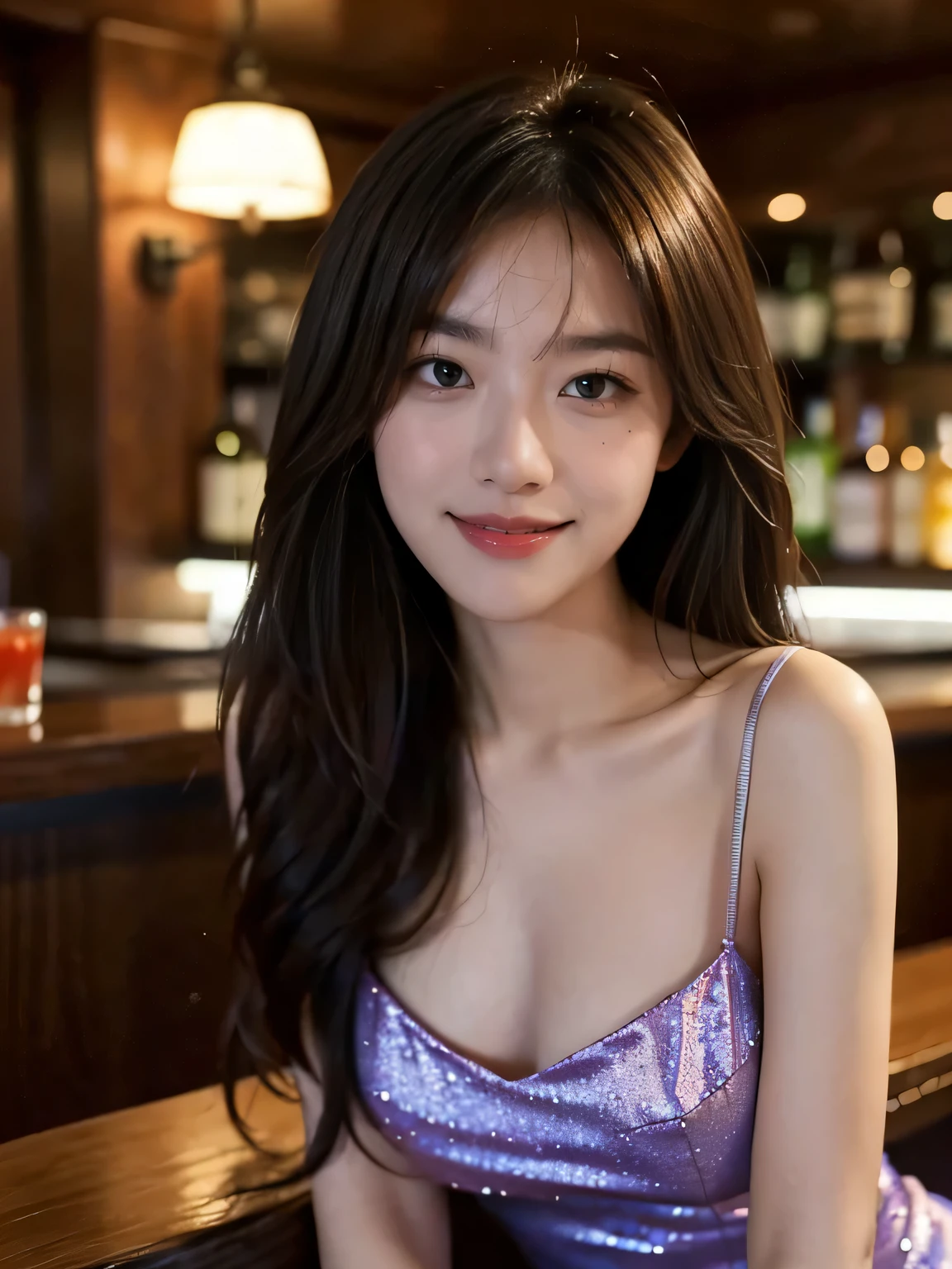 Smiling woman, in a bar, Masterpiece, 8k, raw photo, ultra realistic, highly detailed, UHD, Extreme close-up of cute Korean female, Chest size 32 inches, Long hair, slightly smile, wearing gorgeous transparent sexy short dress, in the bar, night, blurred background, body turning around, full body shot,