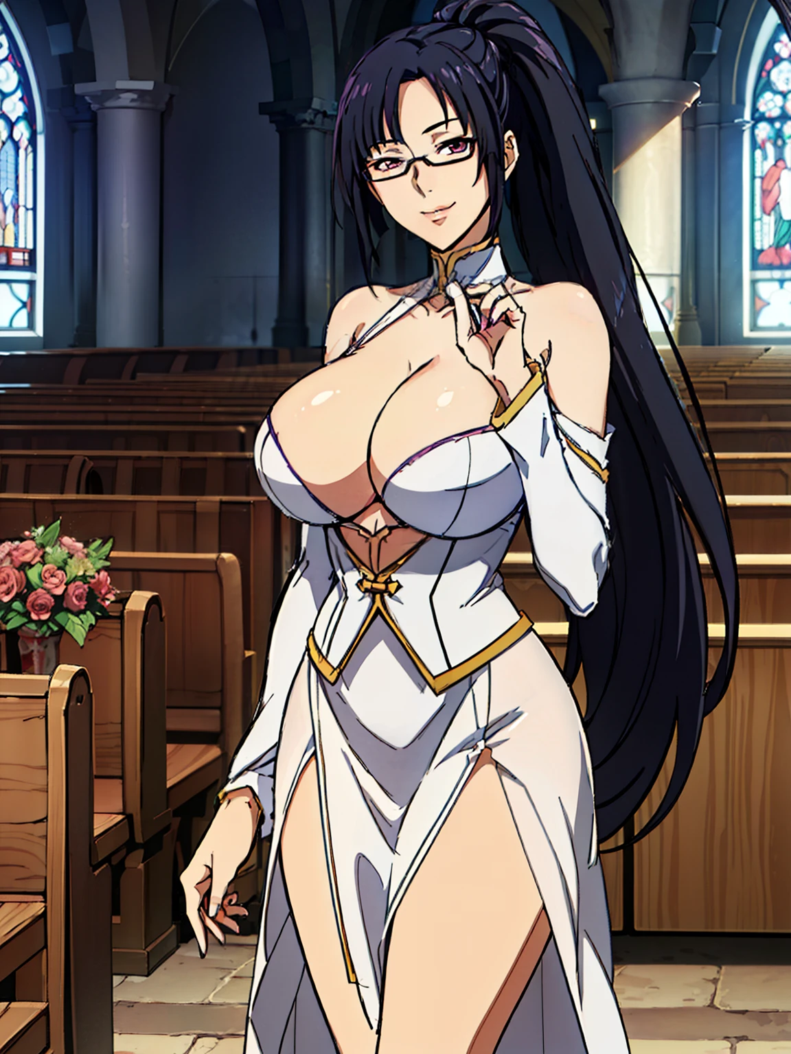 Both hands hold a bouquet of red flowers, (Wedding Dresses, White Wedding Dress, Long skirt, Standing in the church, (cathedral background), (sunny weather), Litchi Faye-Ling, mature woman, anime cels style, best quality, high resolution, 1girl, (huge breasts:1.2), beautiful face, Beautiful Finger, Beautiful long legs, Beautiful body, Beautiful Nose,Beautiful character design, semi-rimless eyewear, black hair, very long hair, ponytail,Bangs,purple eyes, (cowboy shot), smiling, looking at viewer