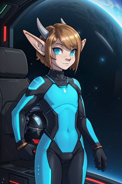 (Cute elf tomboy), space station background, thin body, slim, fit, tron bodysuit, very short hair, dark blonde hair, (slicked back hair, forehead), huge bulge in pants, blue eyes, forehead, flat chested