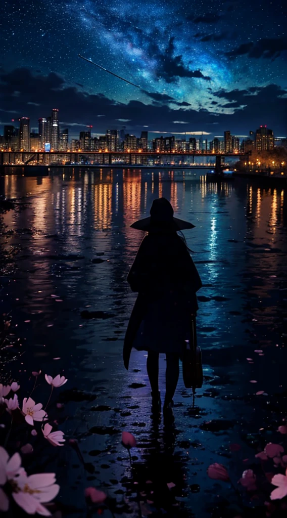 １people々々々,blonde long hair，long coat，silhouette， Rear view，Playing the violin，space sky, milky way, anime style, cherry blossoms，夜cherry blossoms，辺り一面に舞うcherry blossoms吹雪，Night view of the city from the mountainside，